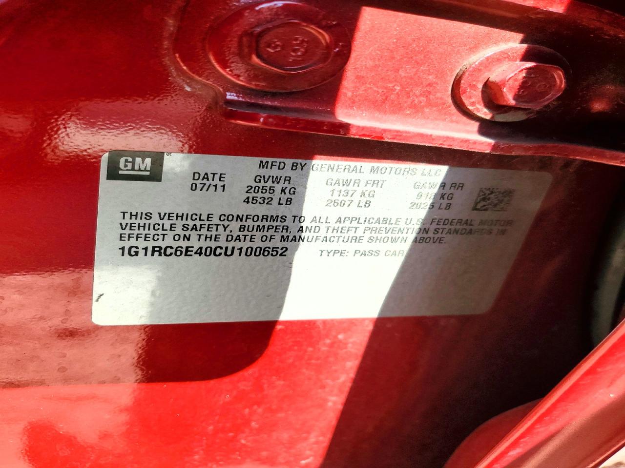 2012 Chevrolet Volt Red vin: 1G1RC6E40CU100652