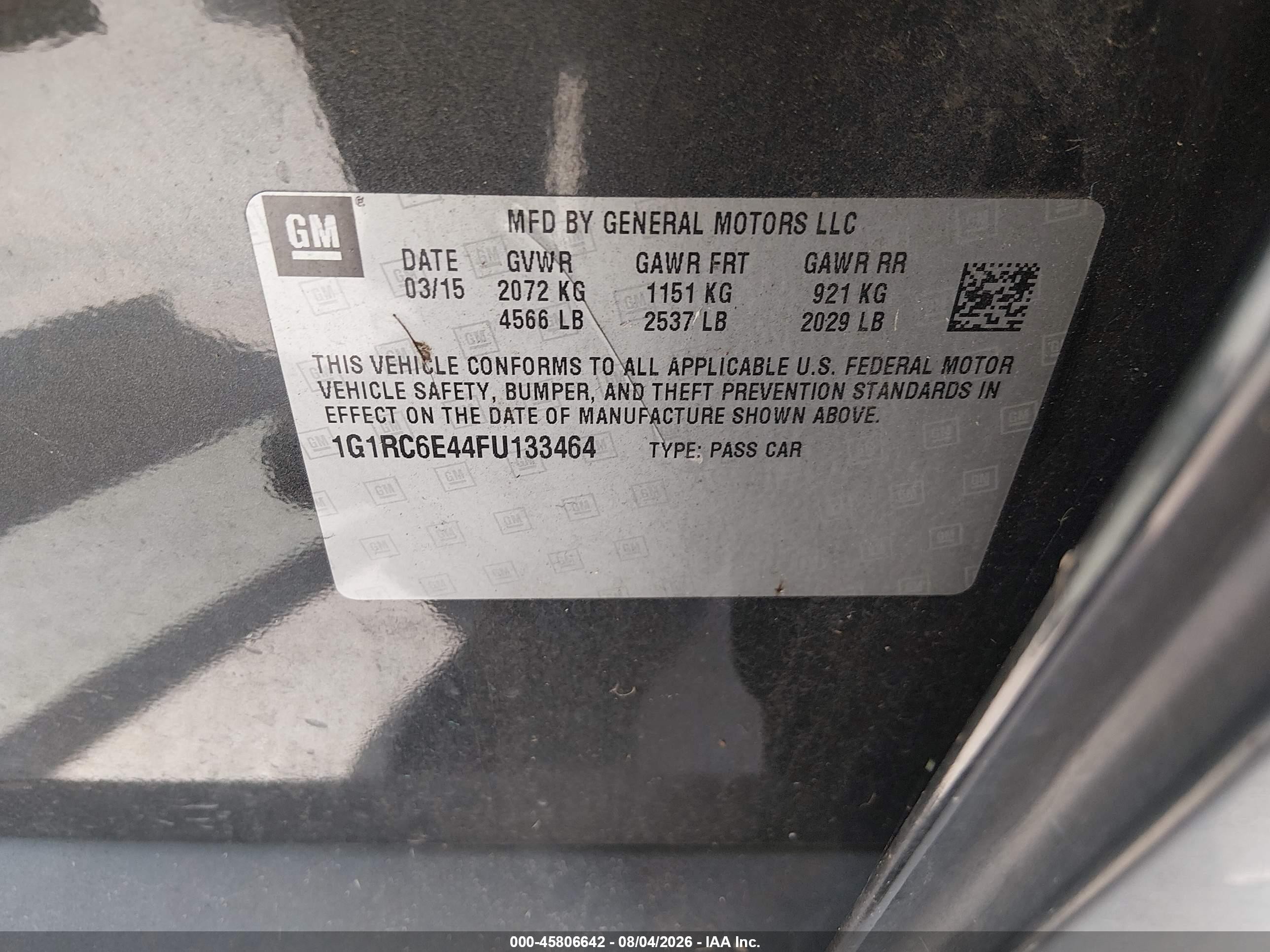 2015 Chevrolet Volt   Gray vin: 1G1RC6E44FU133464