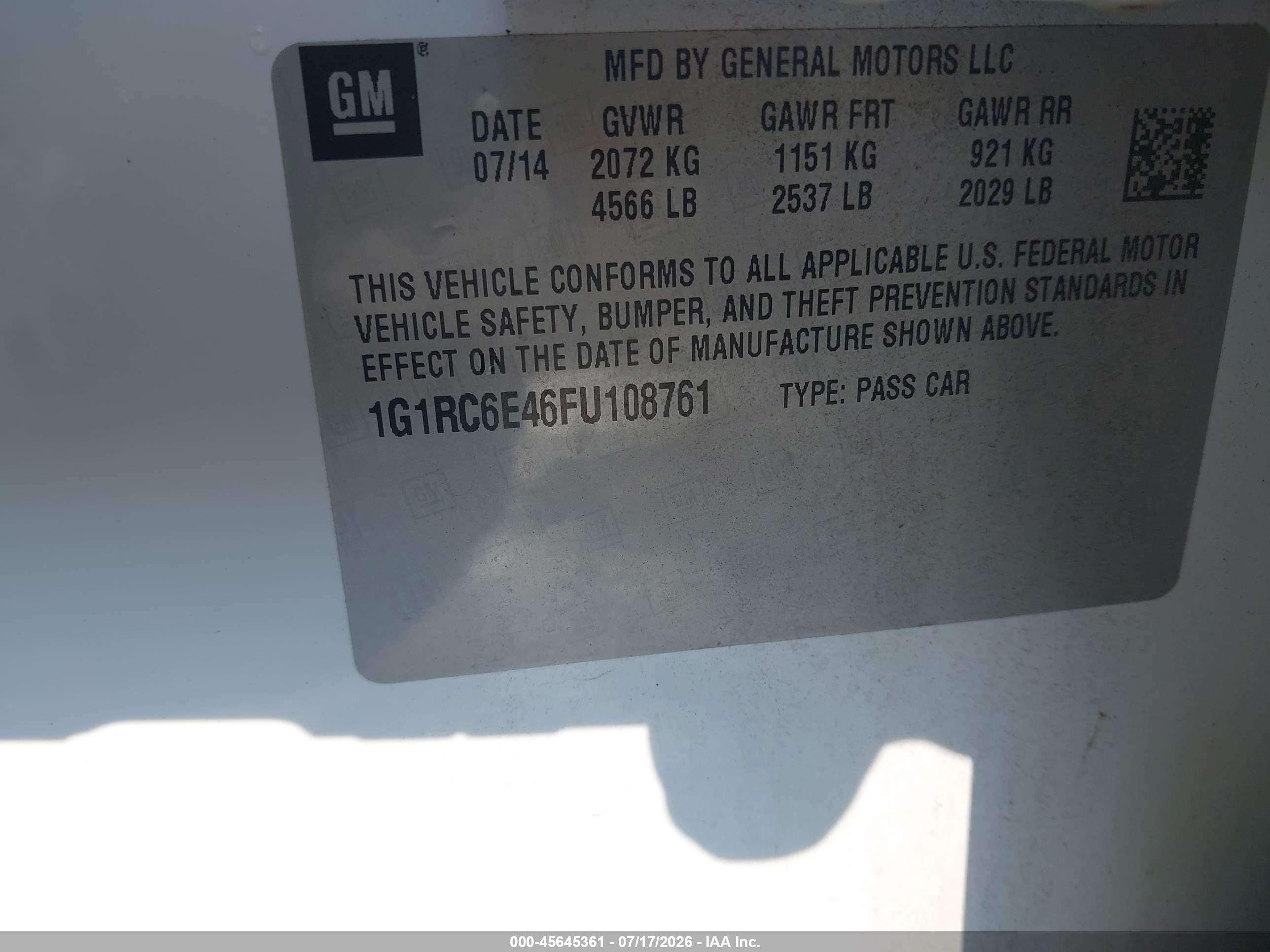 2015 Chevrolet Volt   White vin: 1G1RC6E46FU108761
