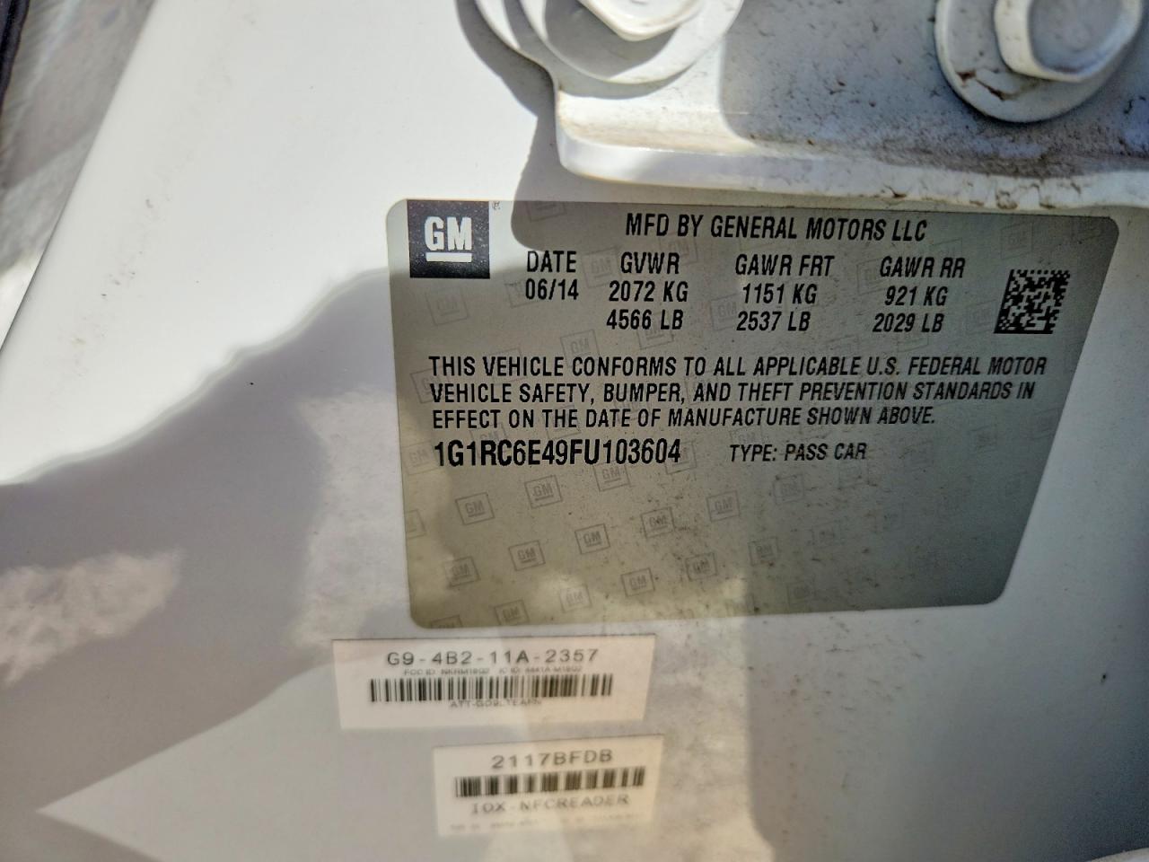 2015 Chevrolet Volt White vin: 1G1RC6E49FU103604