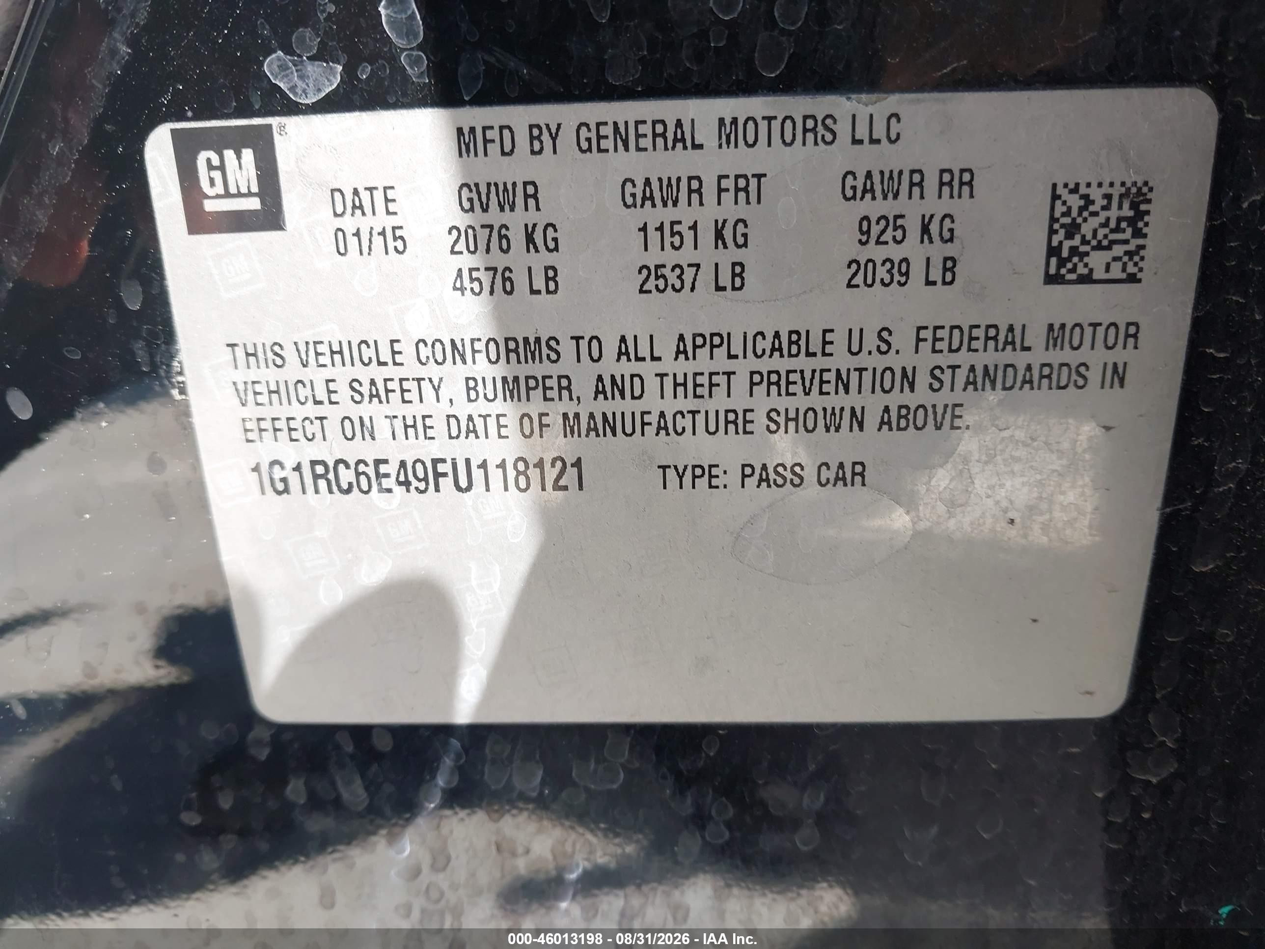 2015 Chevrolet Volt Black vin: 1G1RC6E49FU118121