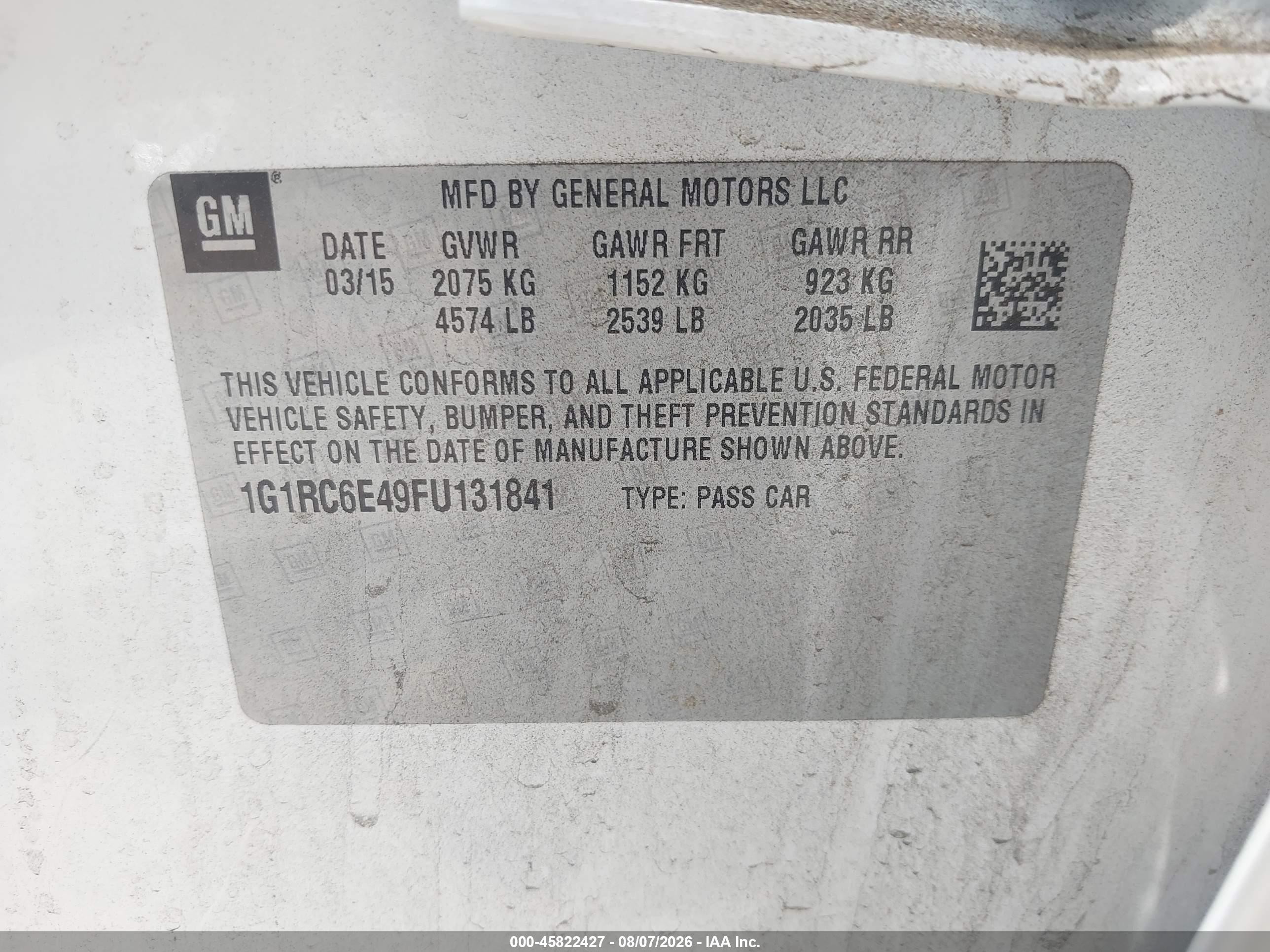 2015 Chevrolet Volt   White vin: 1G1RC6E49FU131841