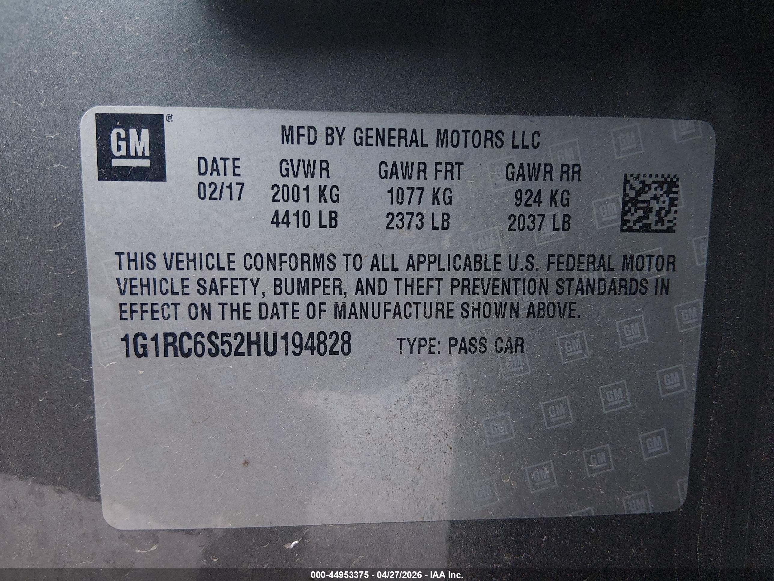 2017 Chevrolet Volt Lt Gray vin: 1G1RC6S52HU194828