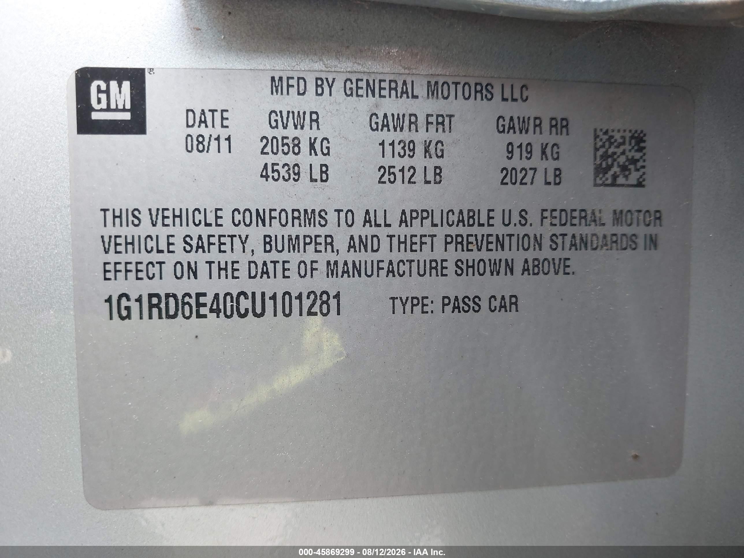2012 Chevrolet Volt   Teal vin: 1G1RD6E40CU101281
