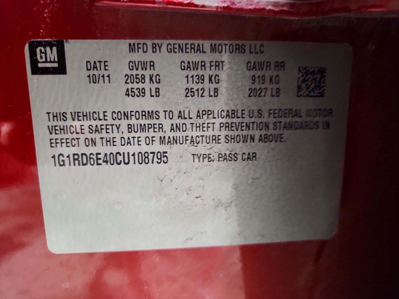 2012 Chevrolet Volt Red vin: 1G1RD6E40CU108795