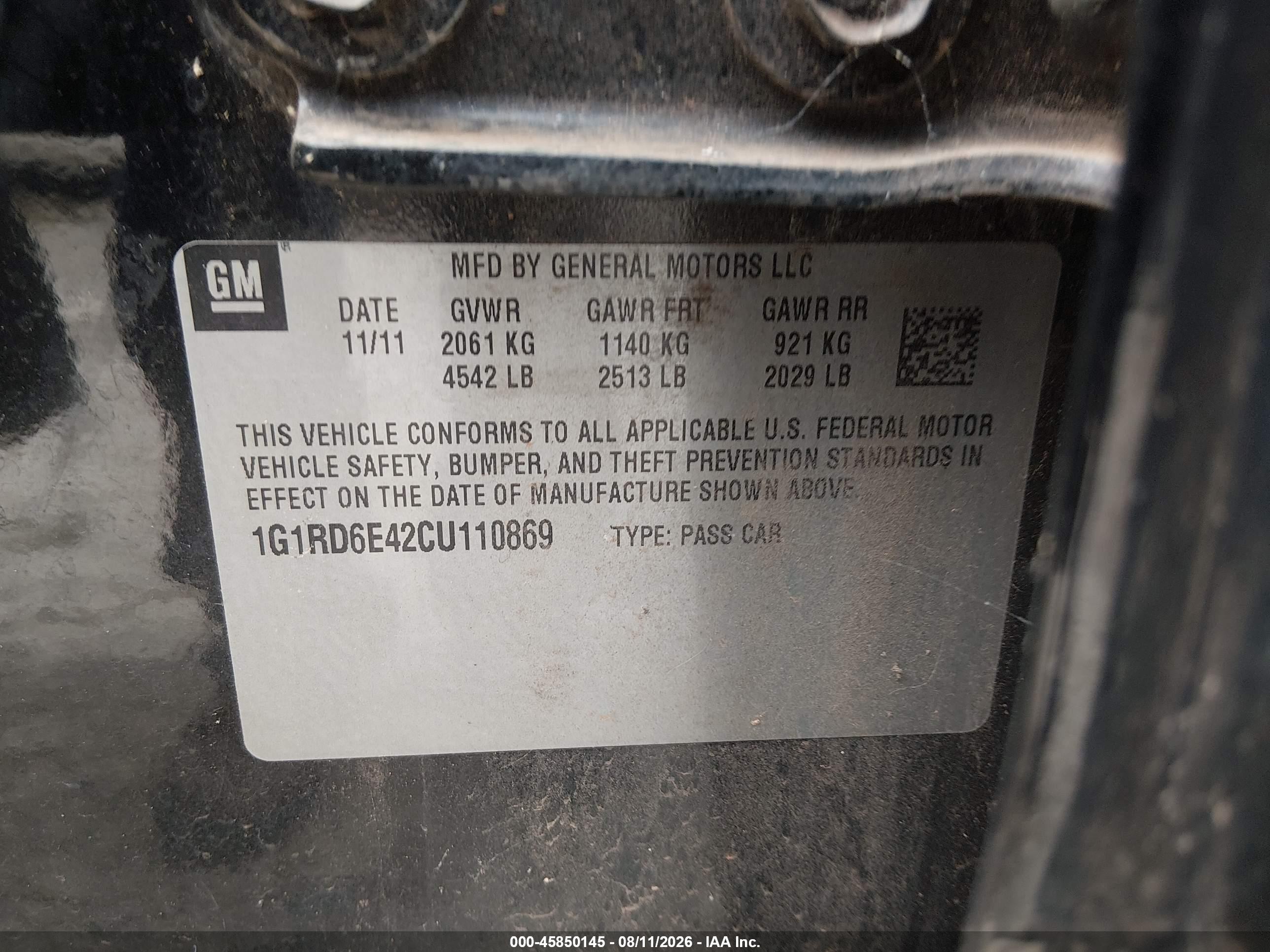 2012 Chevrolet Volt   Black vin: 1G1RD6E42CU110869