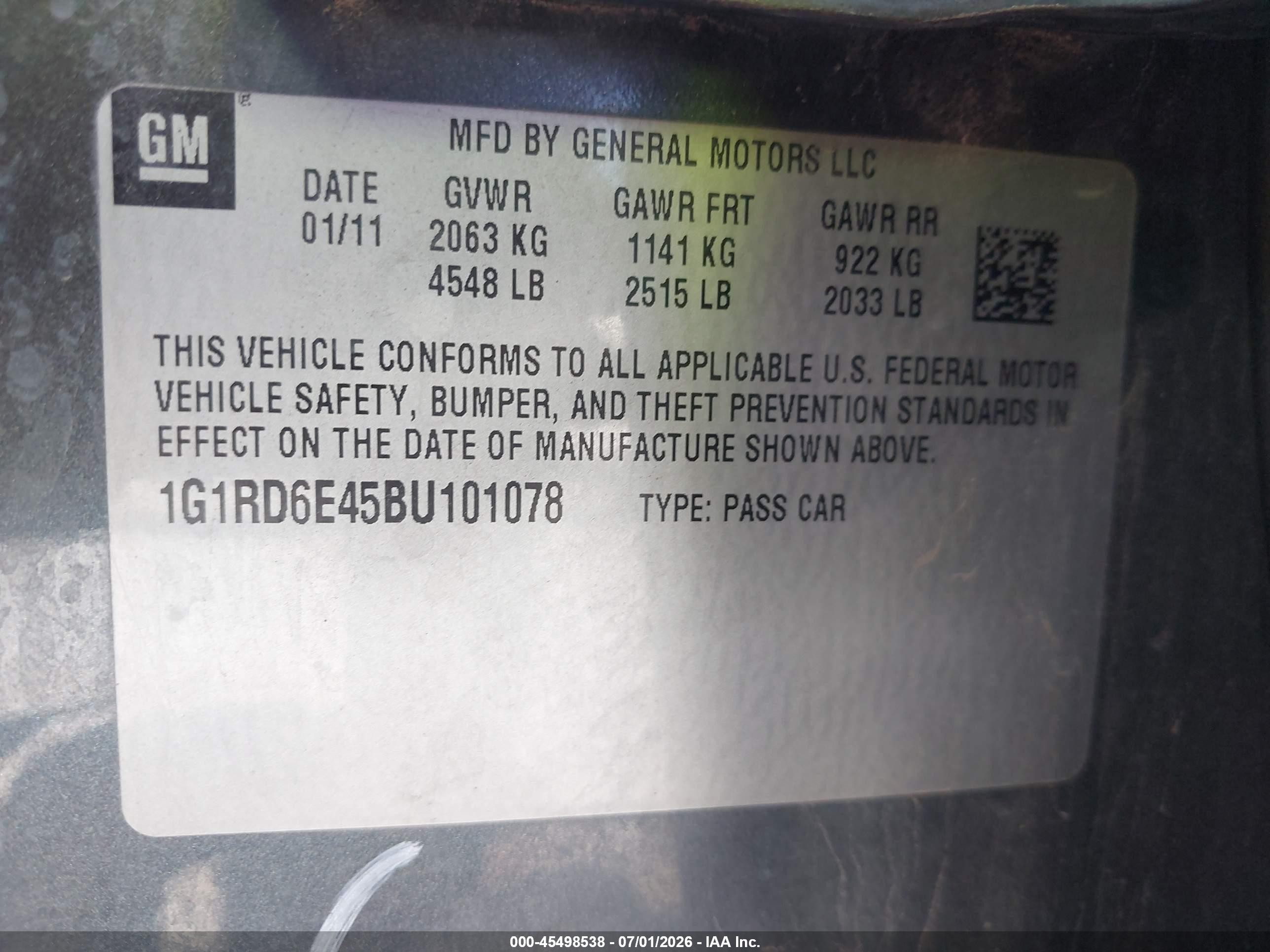 2011 Chevrolet Volt   Серый vin: 1G1RD6E45BU101078