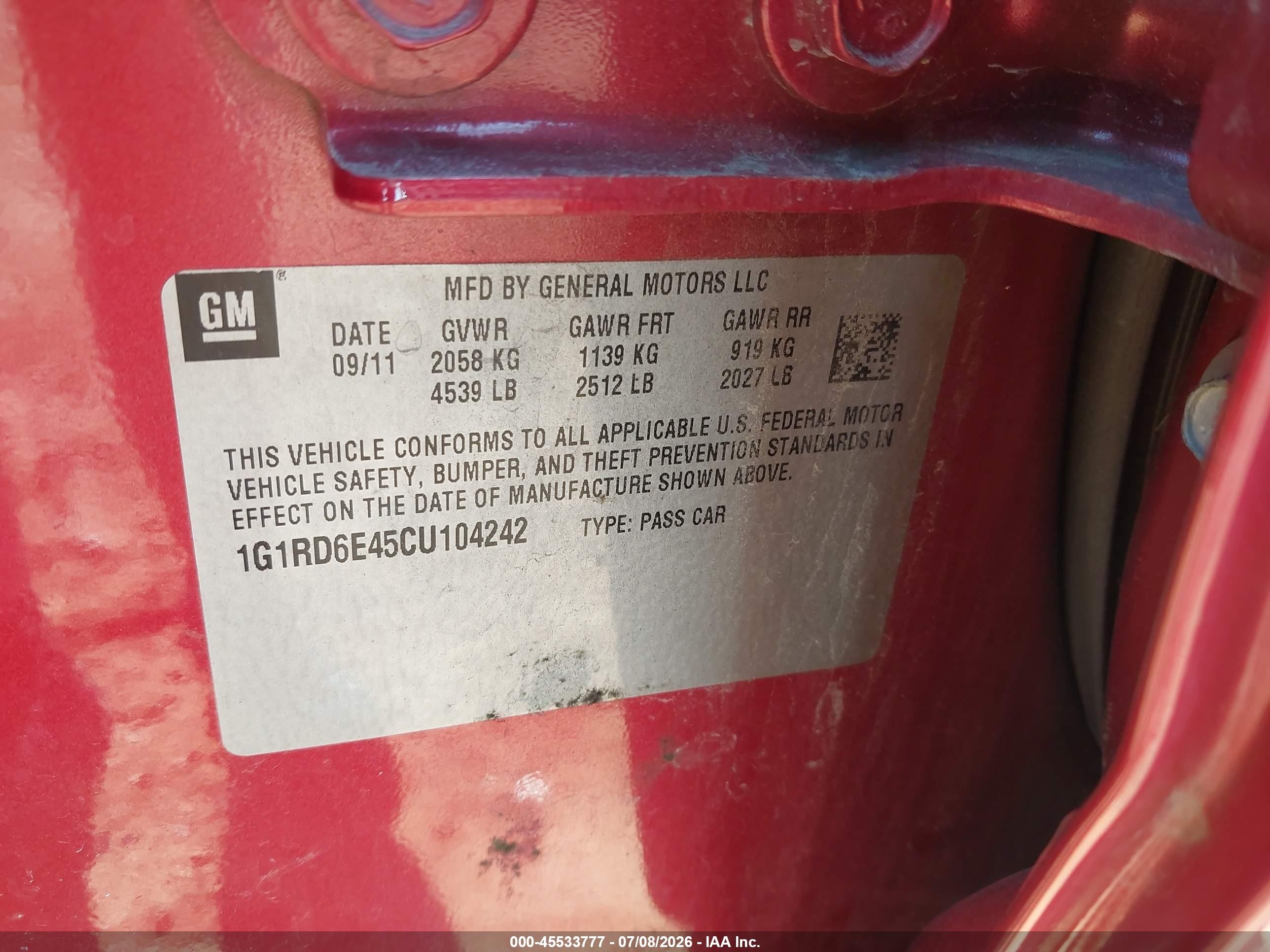 2012 Chevrolet Volt   Red vin: 1G1RD6E45CU104242
