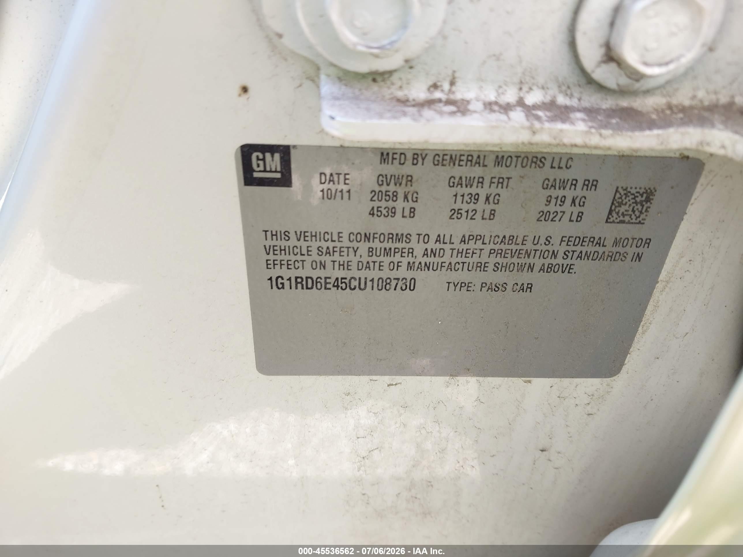 2012 Chevrolet Volt   White vin: 1G1RD6E45CU108730