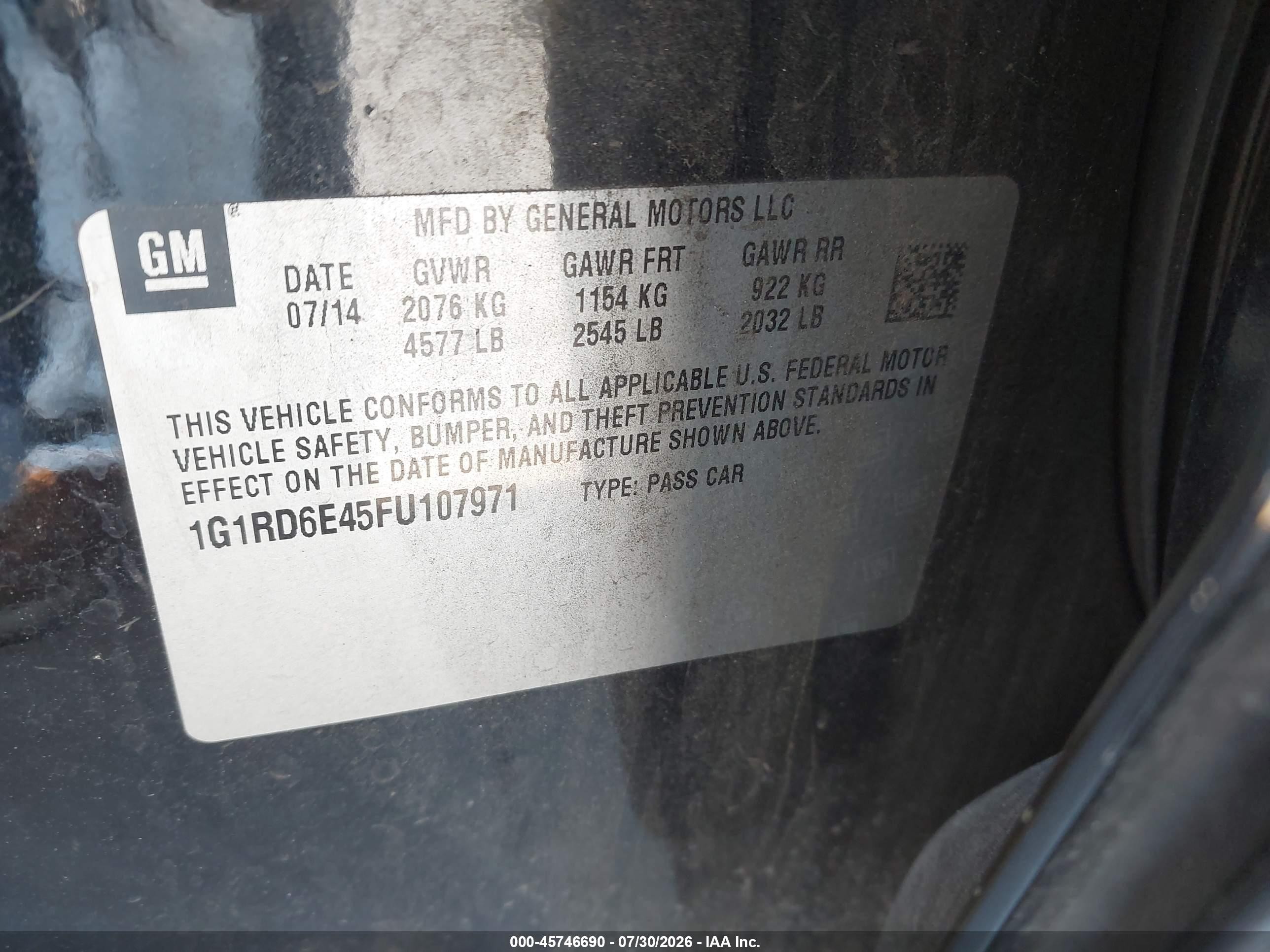 2015 Chevrolet Volt   Black vin: 1G1RD6E45FU107971