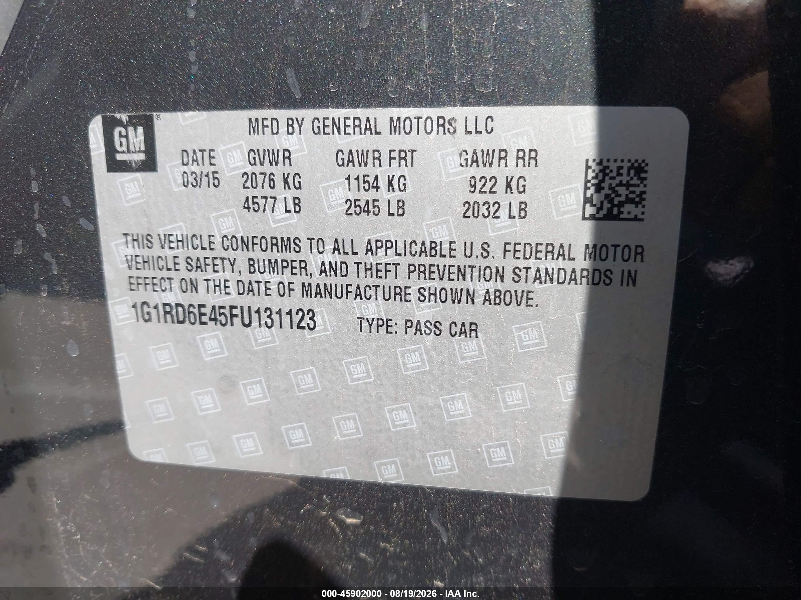 2015 Chevrolet Volt   Черный vin: 1G1RD6E45FU131123
