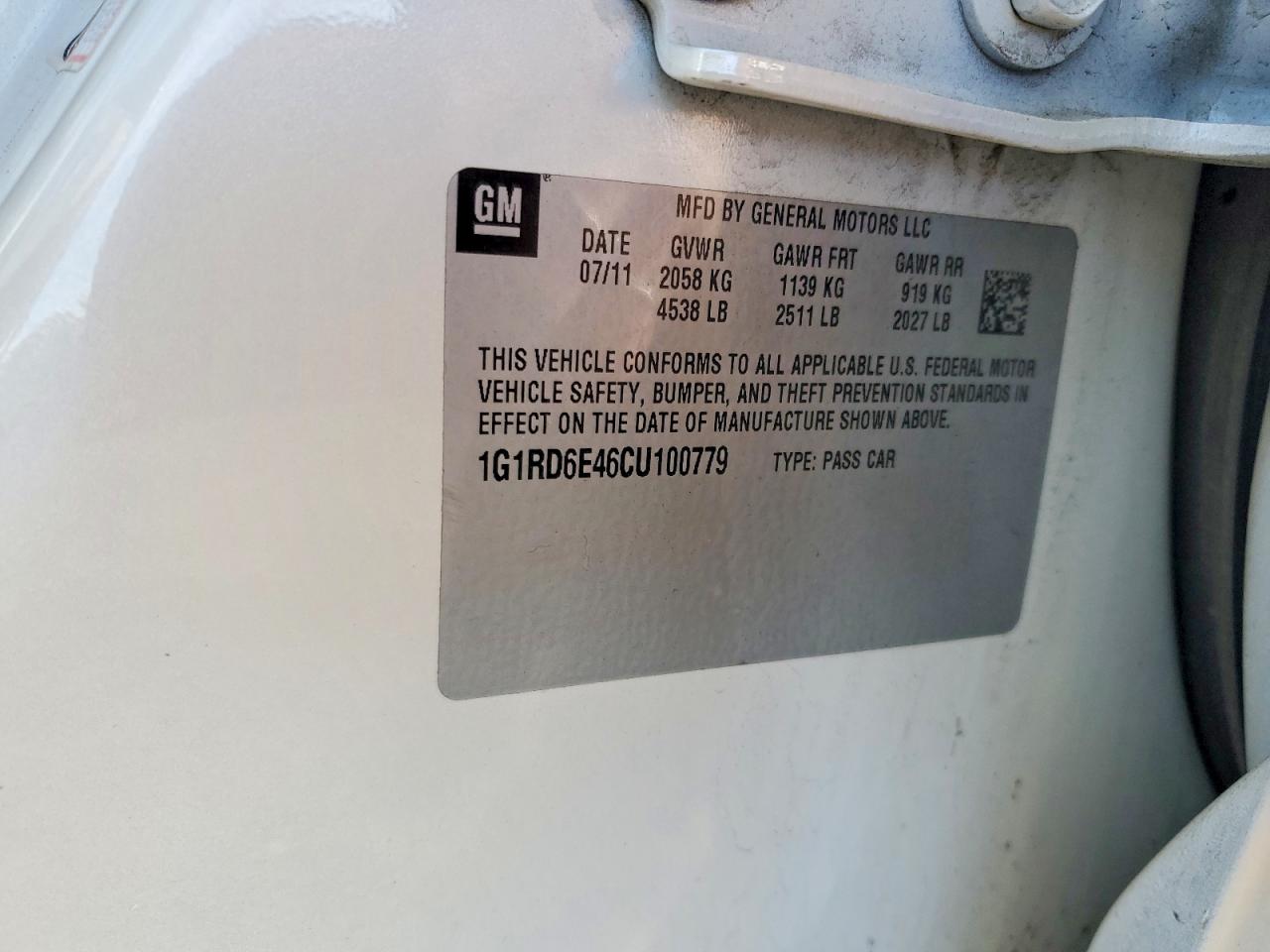 2012 Chev Volt White vin: 1G1RD6E46CU100779