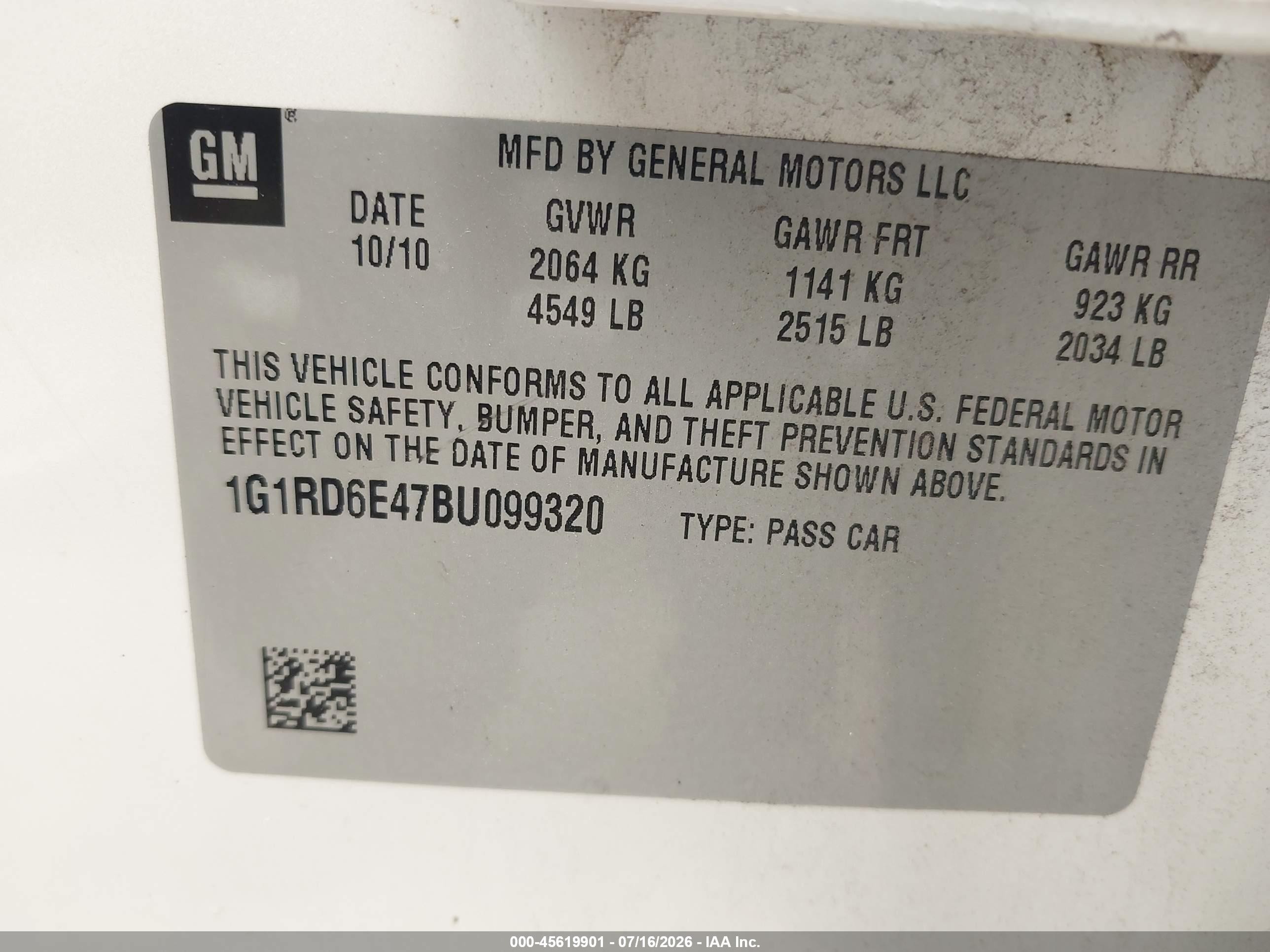 2011 Chevrolet Volt   White vin: 1G1RD6E47BU099320