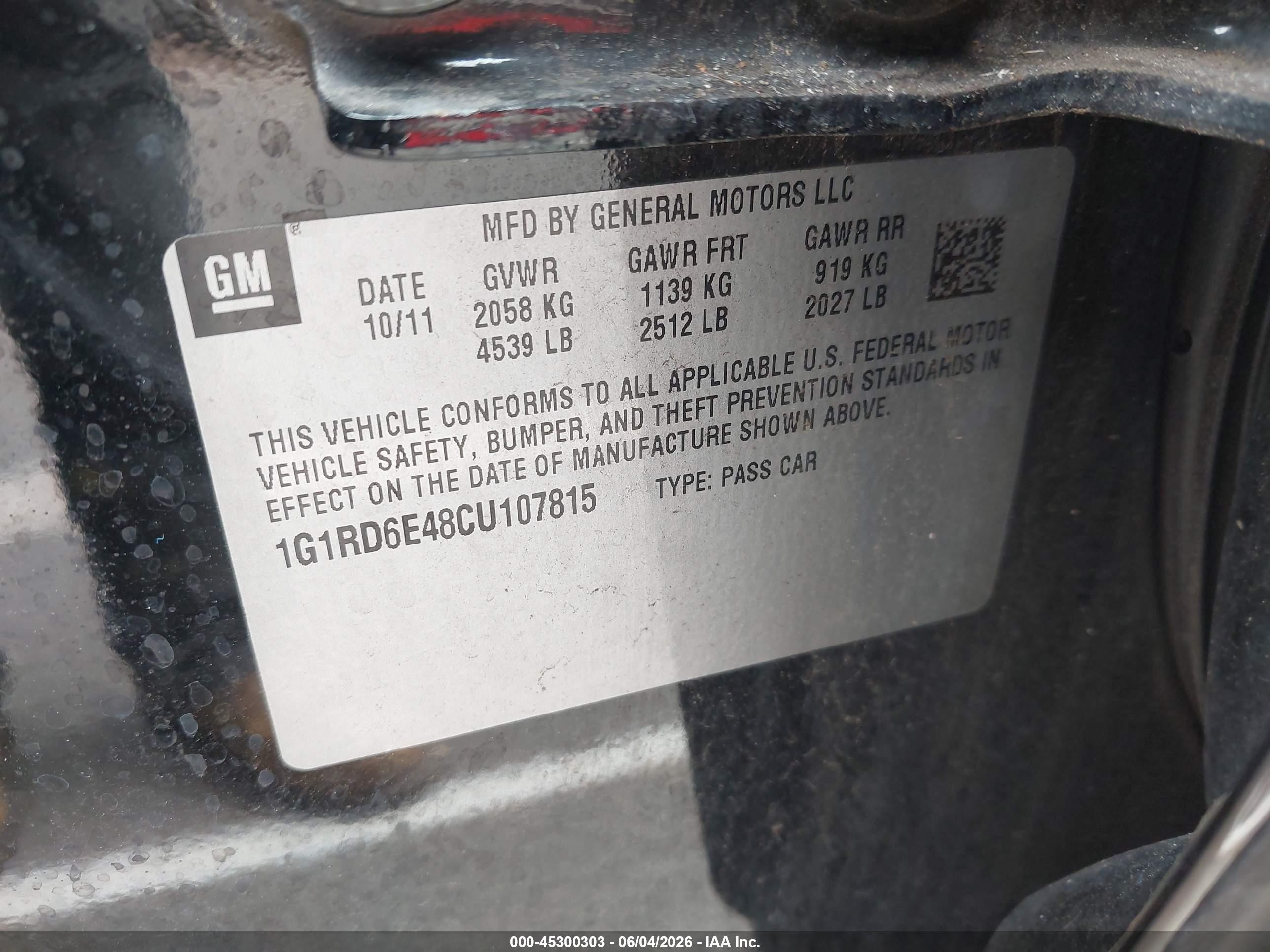 2012 Chevrolet Volt   Black vin: 1G1RD6E48CU107815