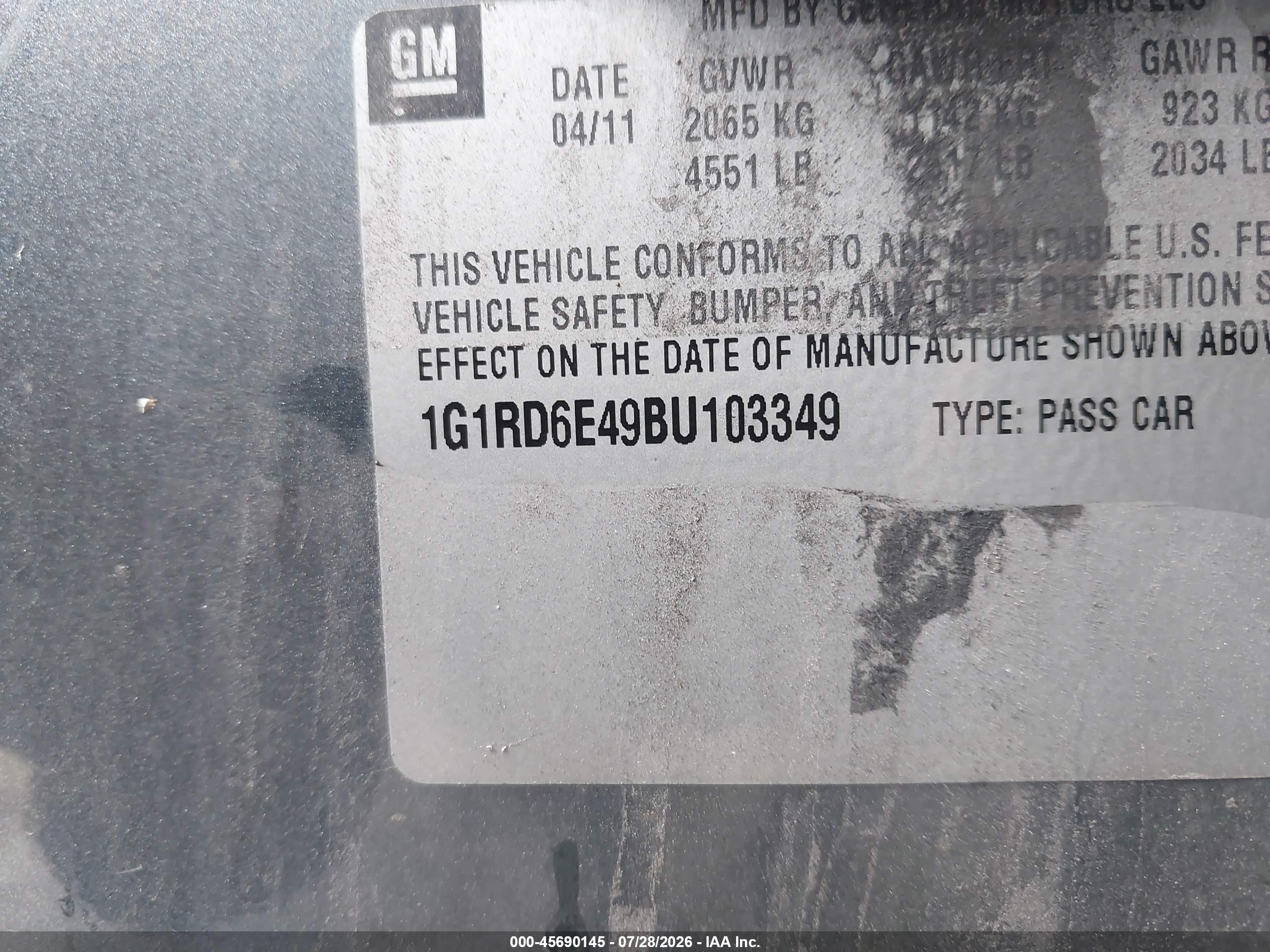 2011 Chevrolet Volt   Черный vin: 1G1RD6E49BU103349
