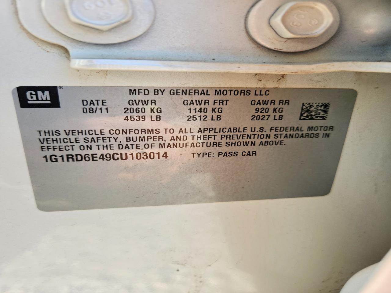 2012 Chevrolet Volt White vin: 1G1RD6E49CU103014