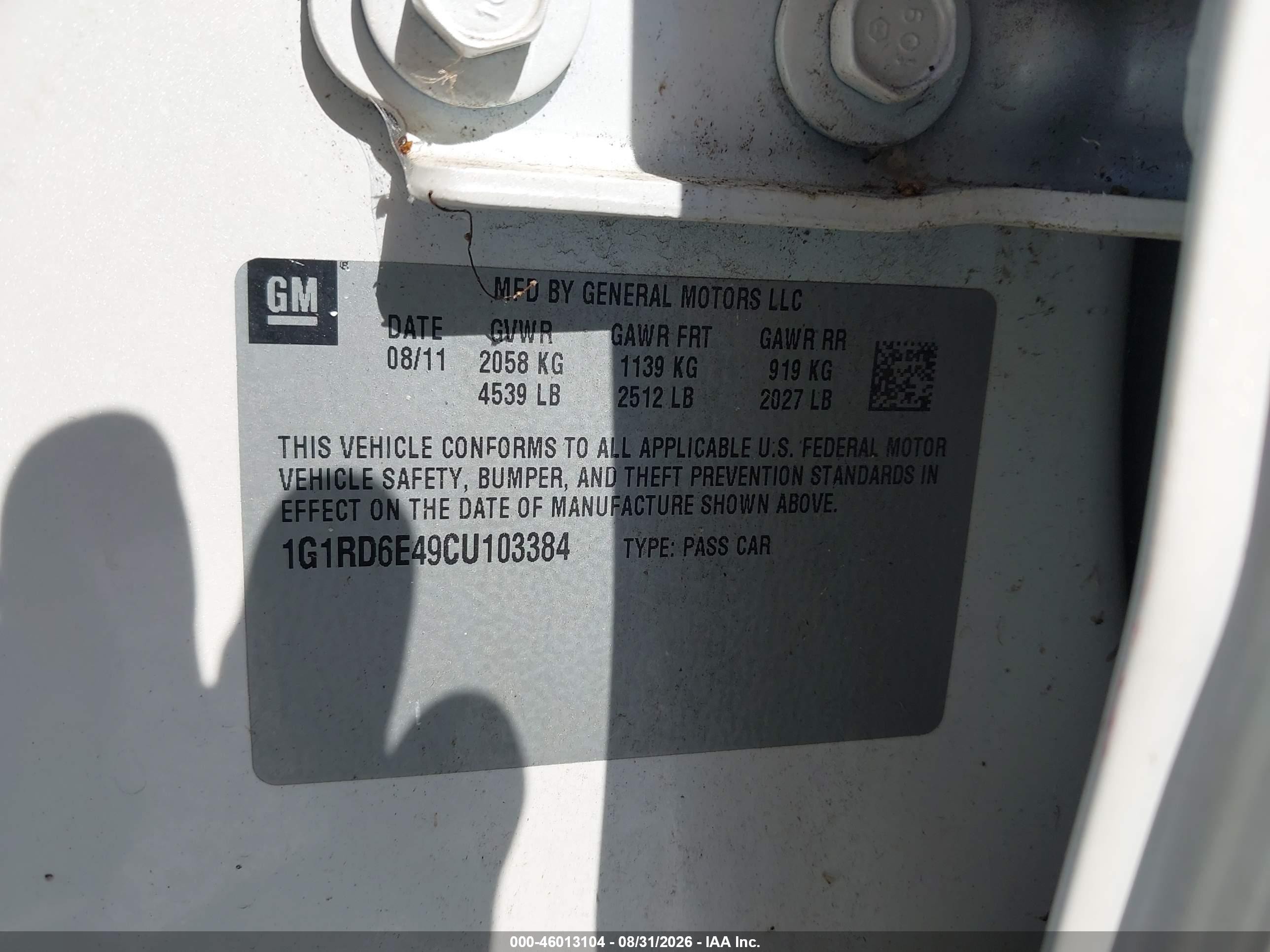 2012 Chevrolet Volt   White vin: 1G1RD6E49CU103384