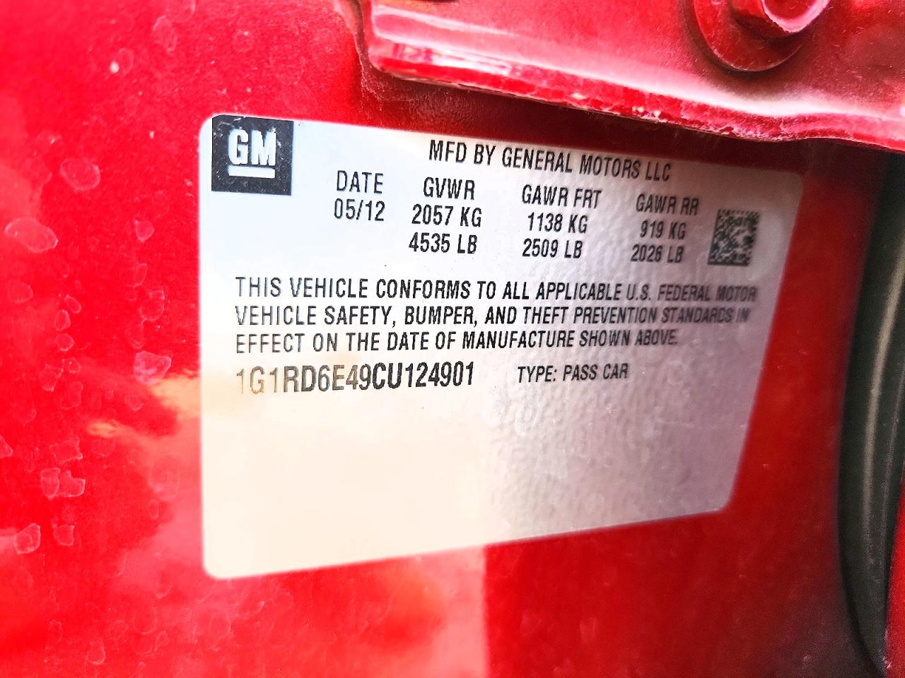 2012 Chevrolet Volt Red vin: 1G1RD6E49CU124901
