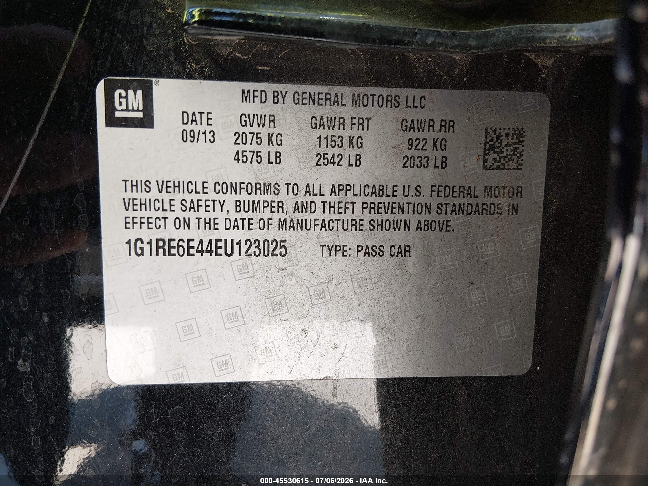 2014 Chevrolet Volt   Black vin: 1G1RE6E44EU123025