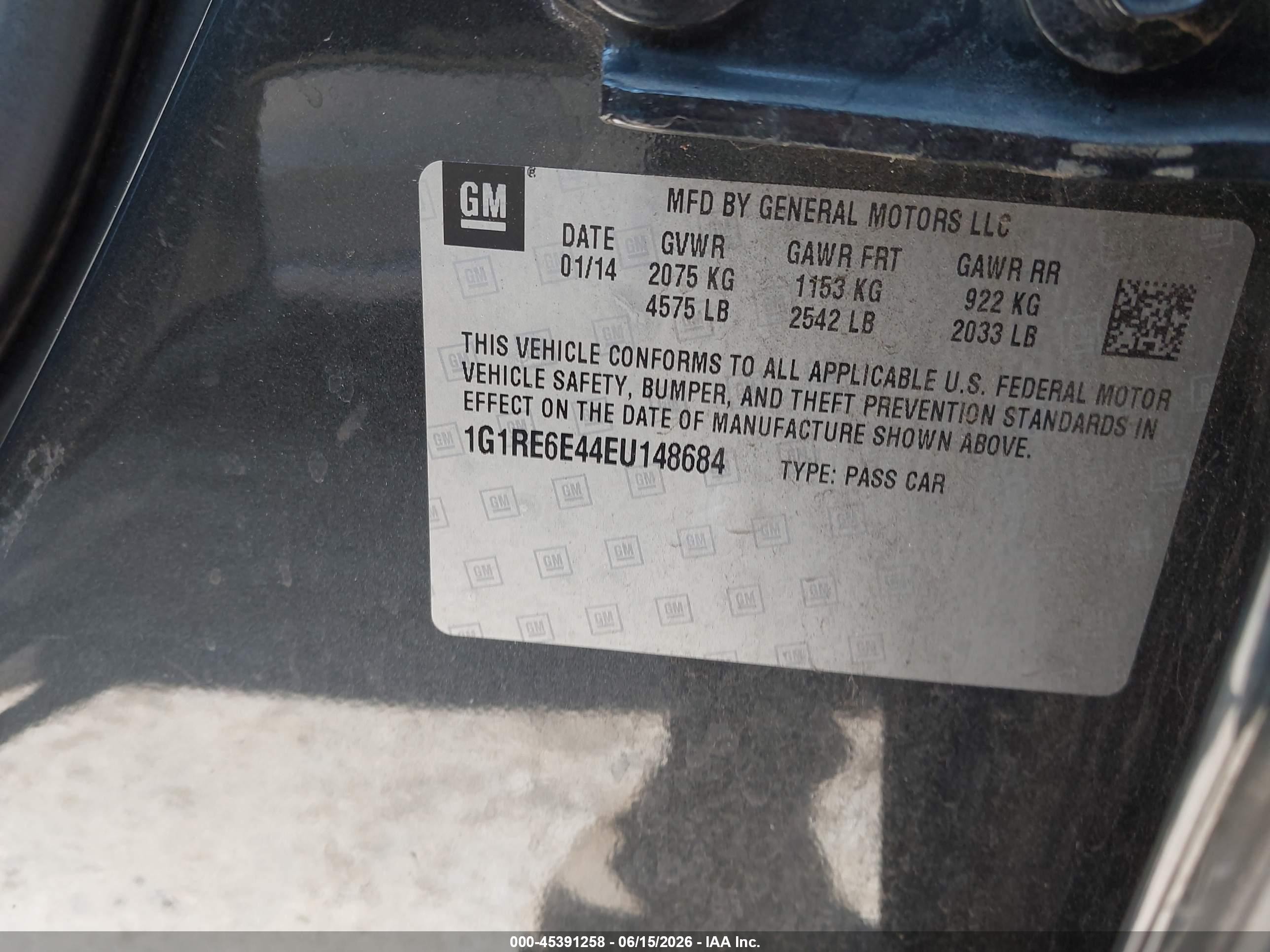 2014 Chevrolet Volt   Gray vin: 1G1RE6E44EU148684