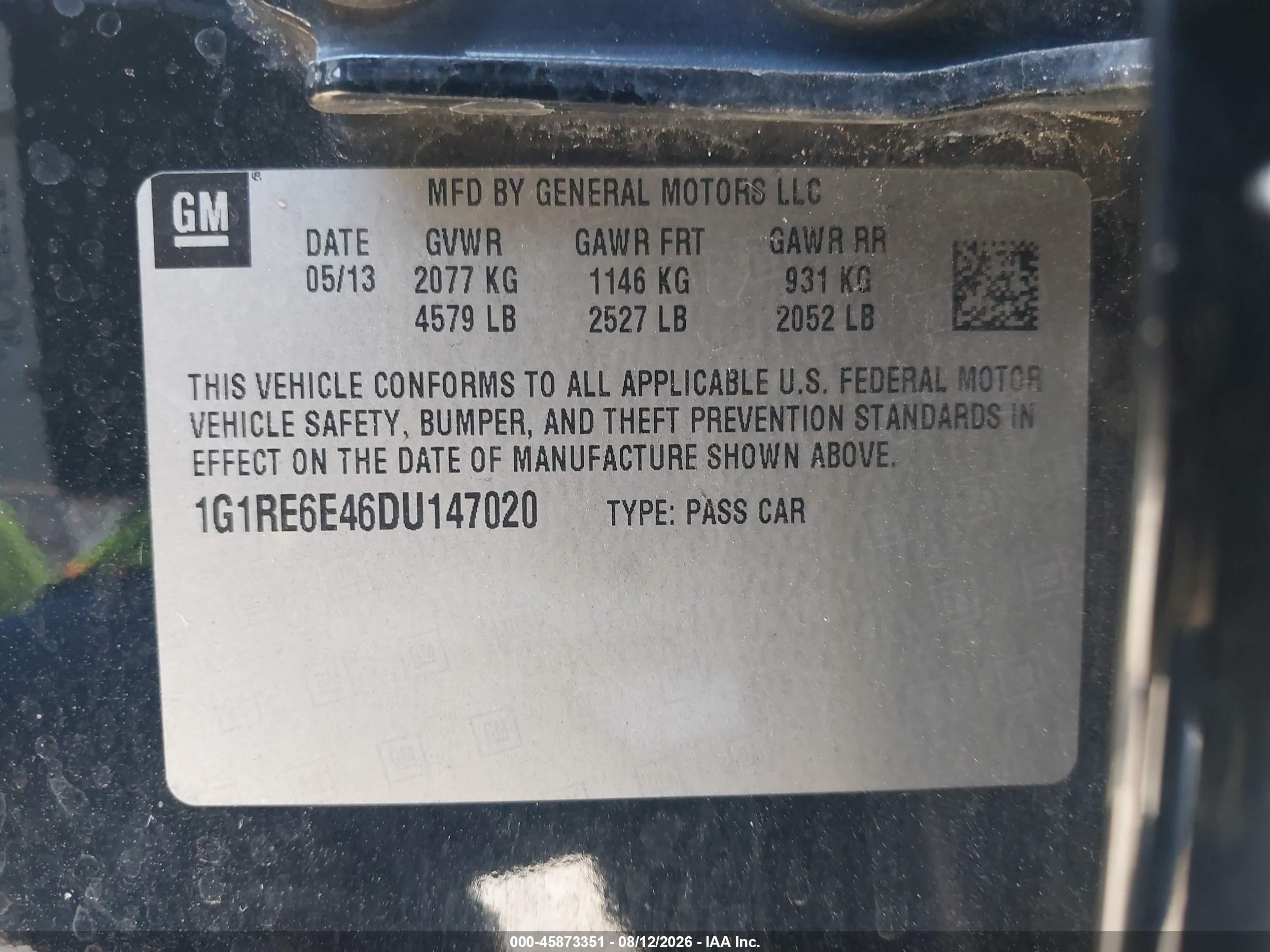 2013 Chevrolet Volt   Black vin: 1G1RE6E46DU147020