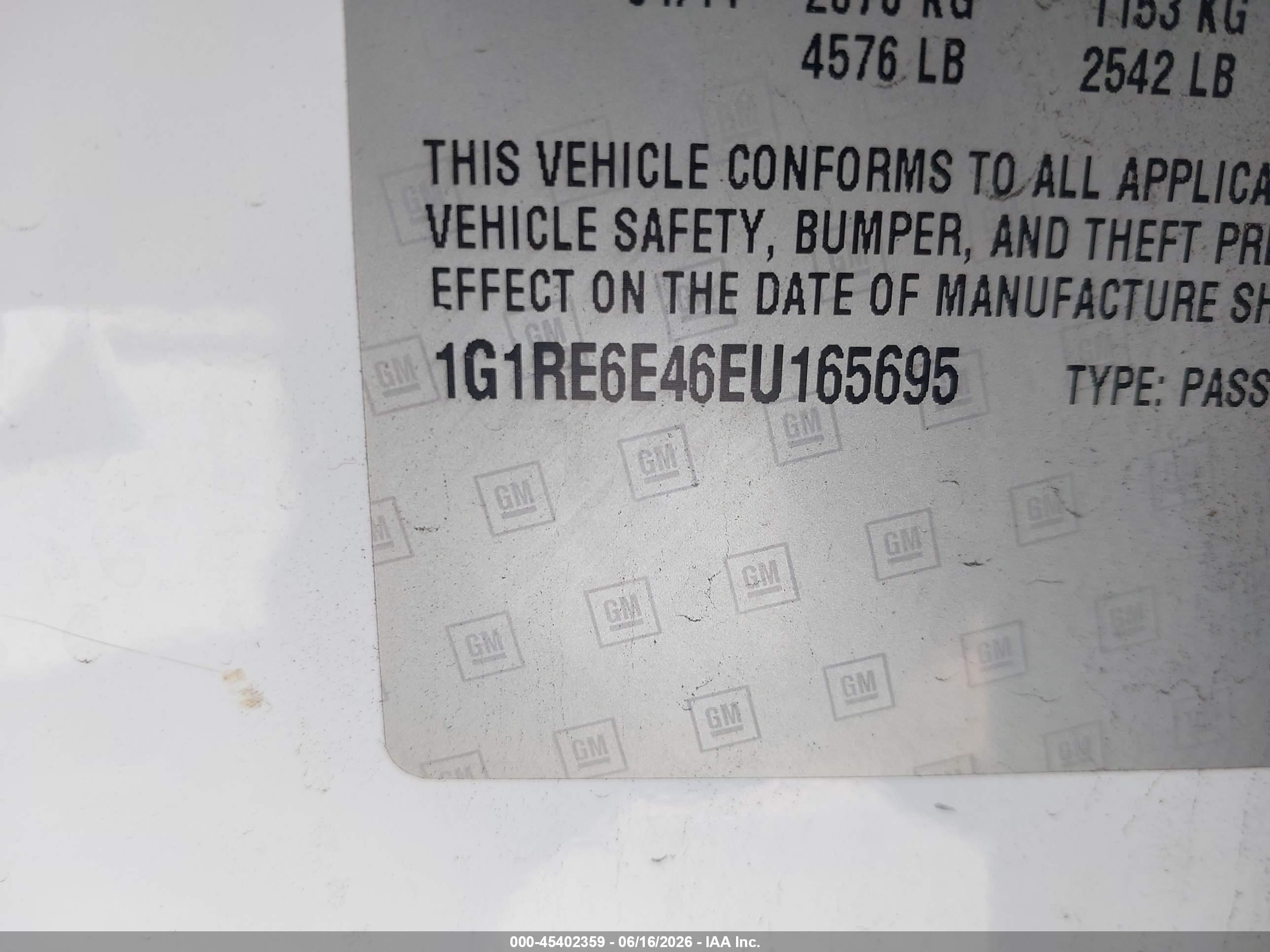2014 Chevrolet Volt   White vin: 1G1RE6E46EU165695