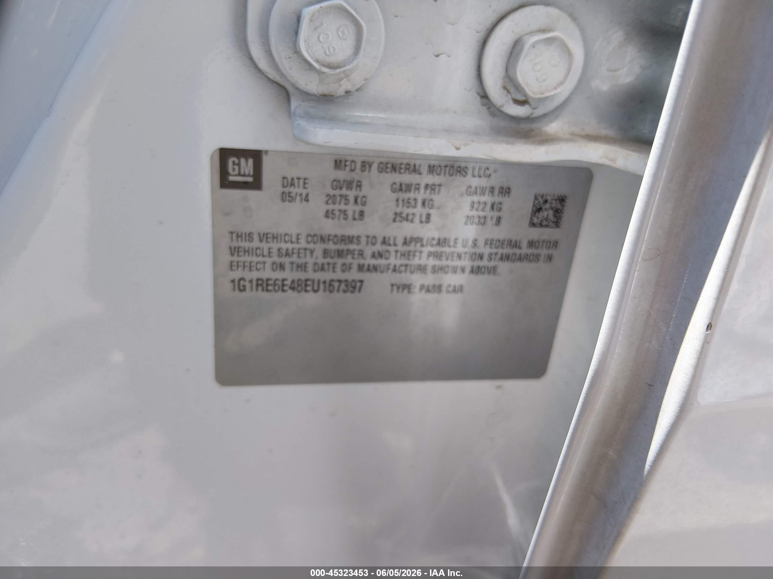 2014 Chevrolet Volt   White vin: 1G1RE6E48EU167397