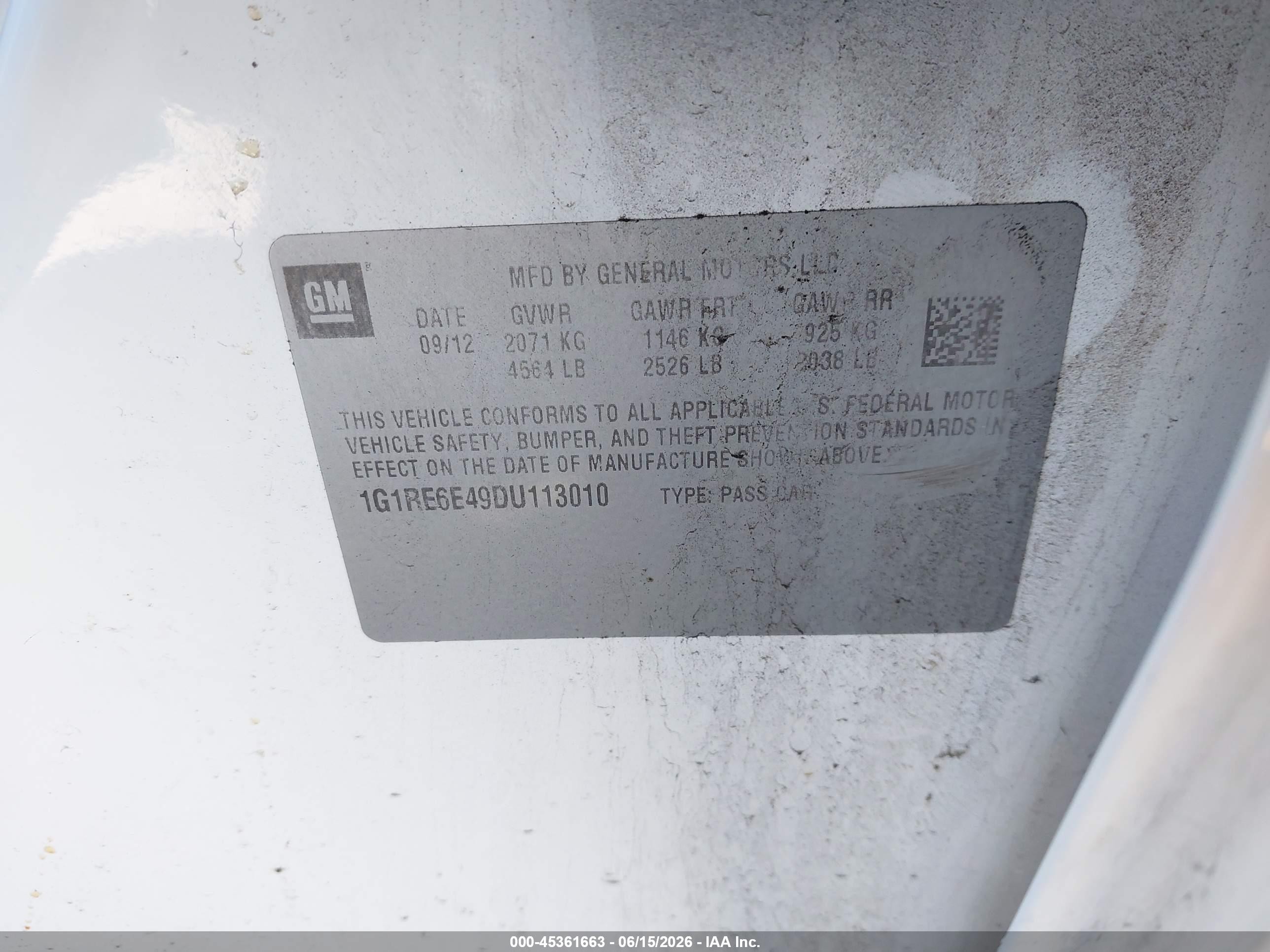 2013 Chevrolet Volt   White vin: 1G1RE6E49DU113010