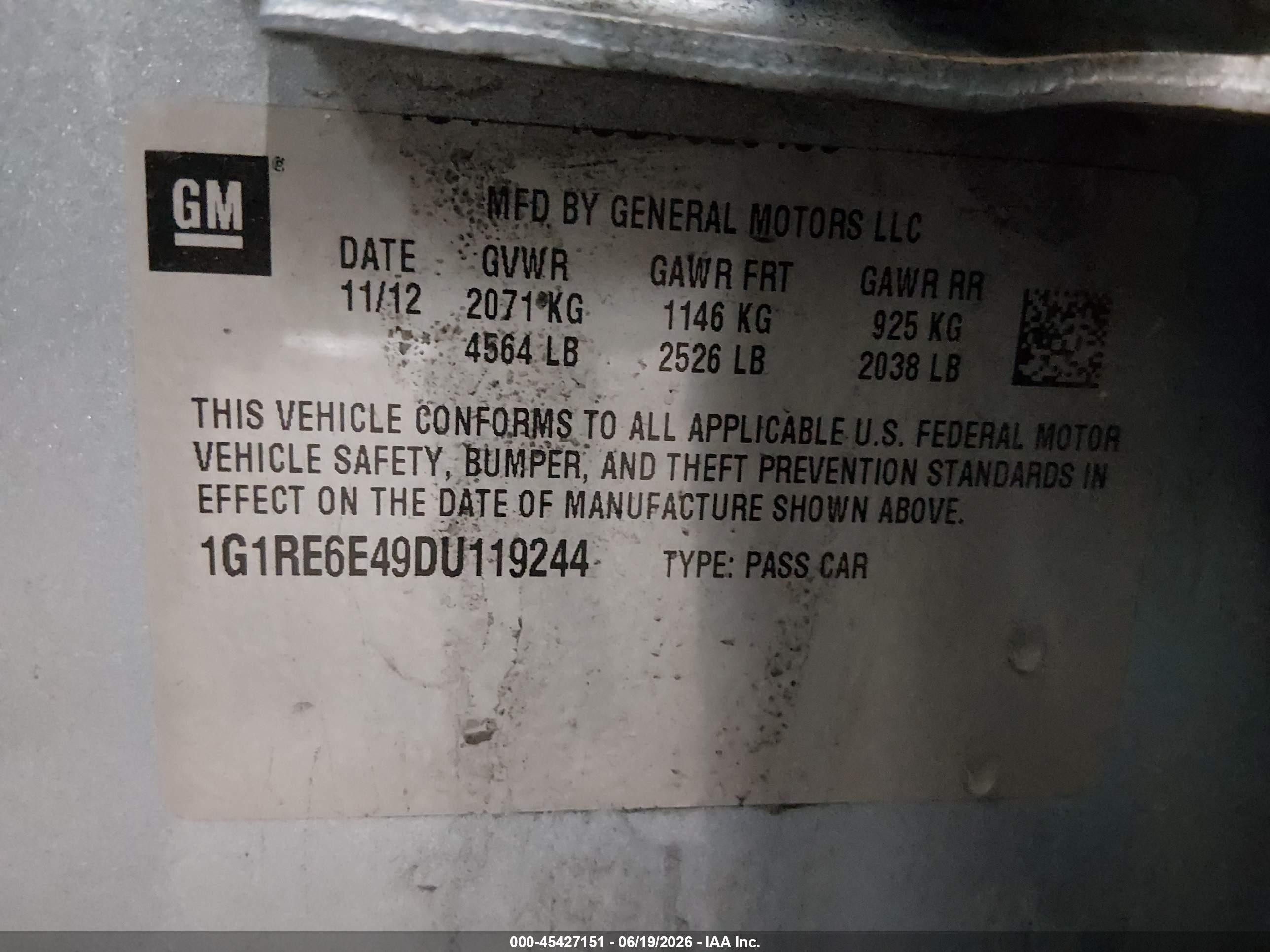 2013 Chevrolet Volt   Light Blue vin: 1G1RE6E49DU119244