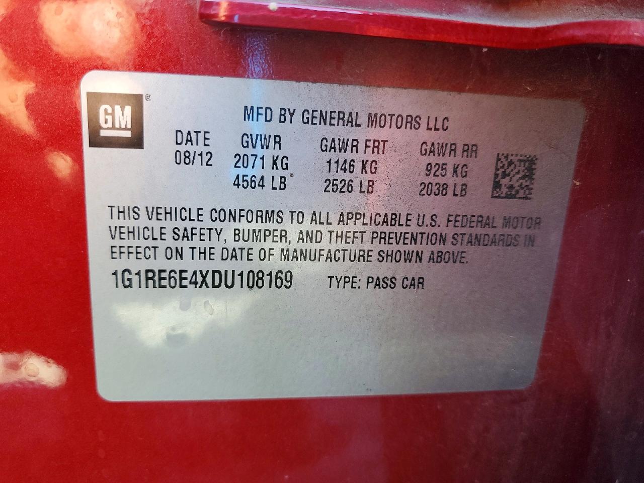 2013 Chevrolet Volt Red vin: 1G1RE6E4XDU108169