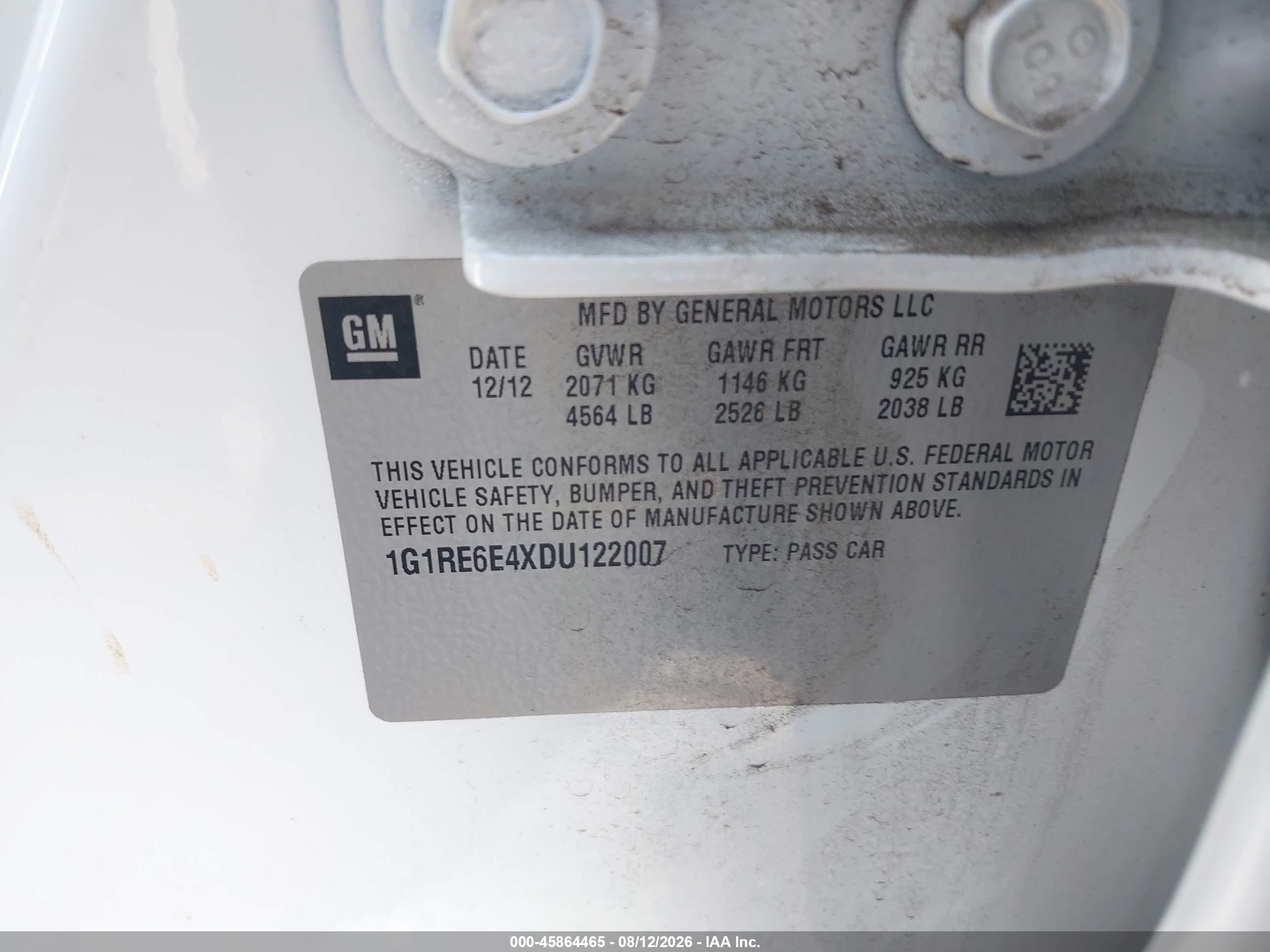 2013 Chevrolet Volt   White vin: 1G1RE6E4XDU122007