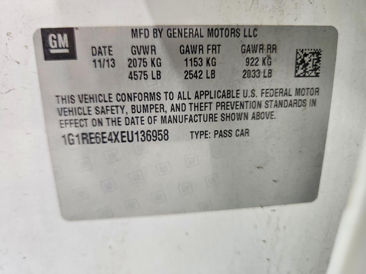 2014 Chevrolet Volt White vin: 1G1RE6E4XEU136958