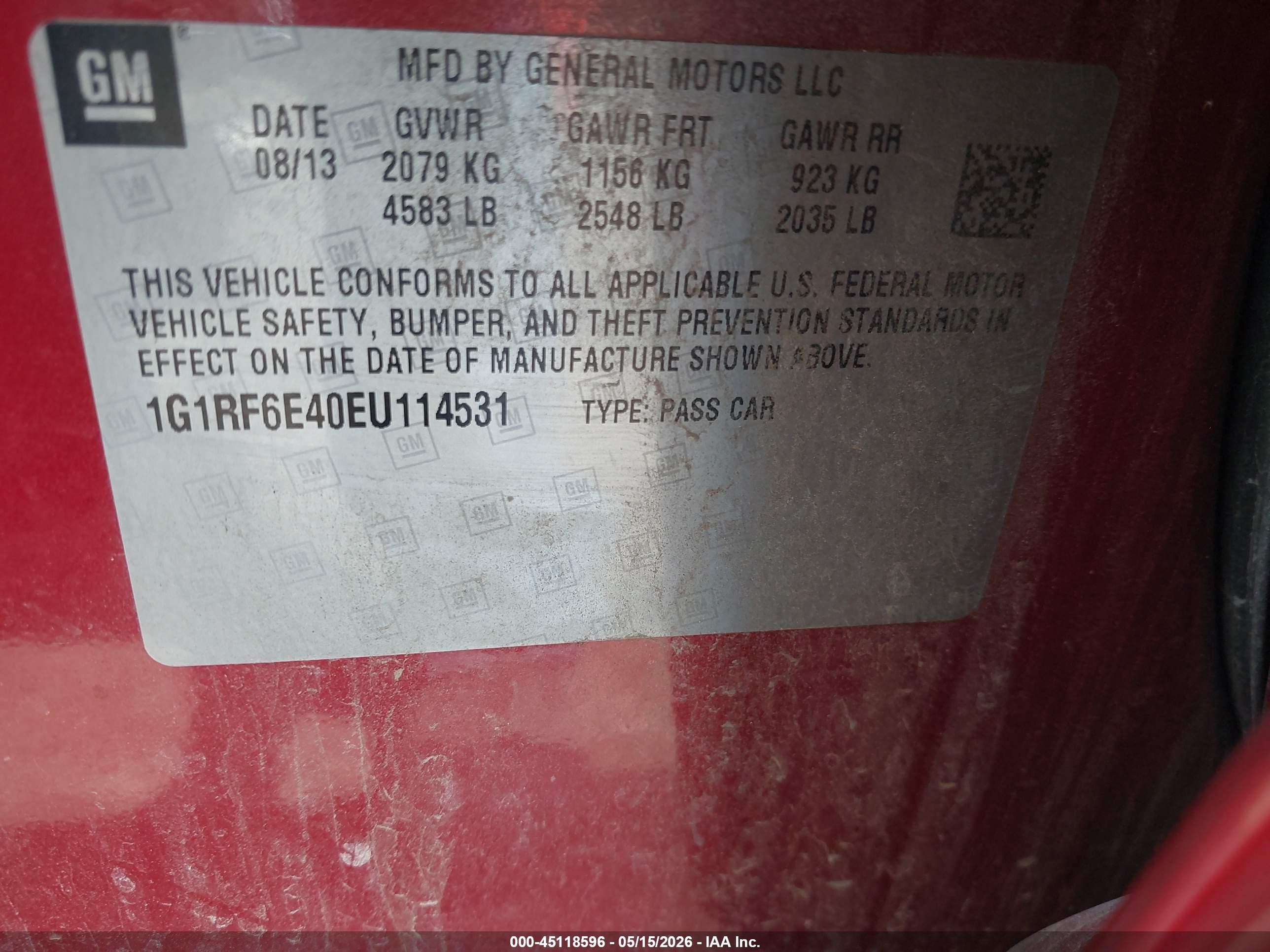 2014 Chevrolet Volt   Red vin: 1G1RF6E40EU114531