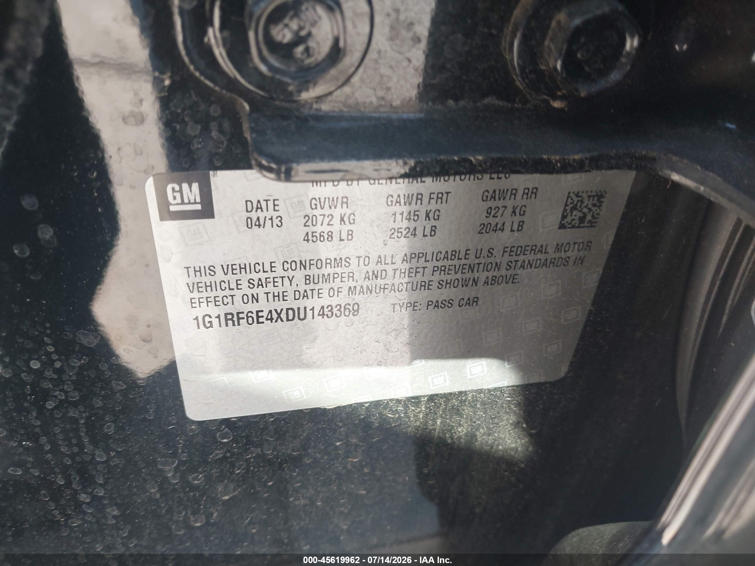 2013 Chevrolet Volt   Black vin: 1G1RF6E4XDU143369