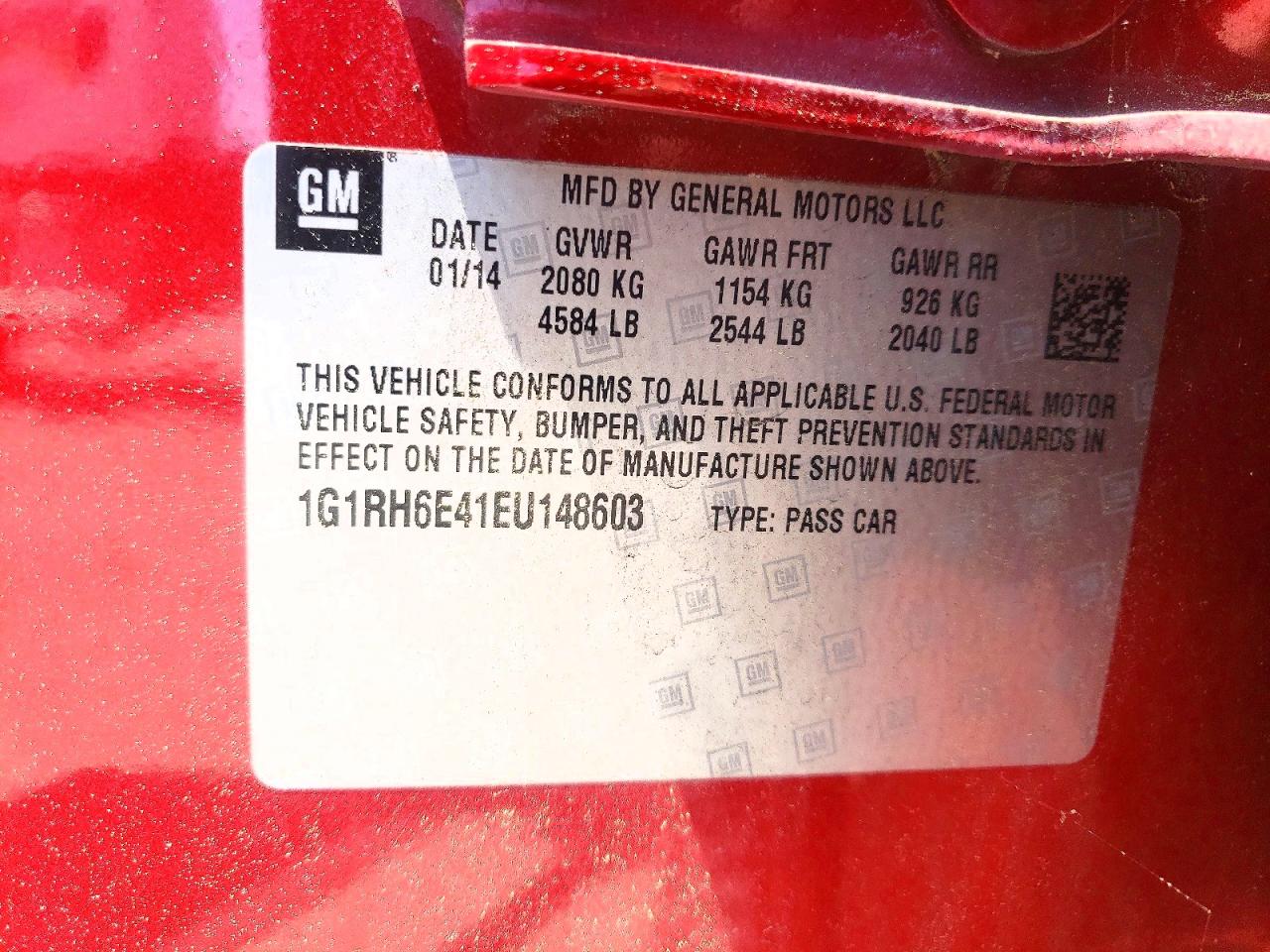 2014 Chev Volt Red vin: 1G1RH6E41EU148603