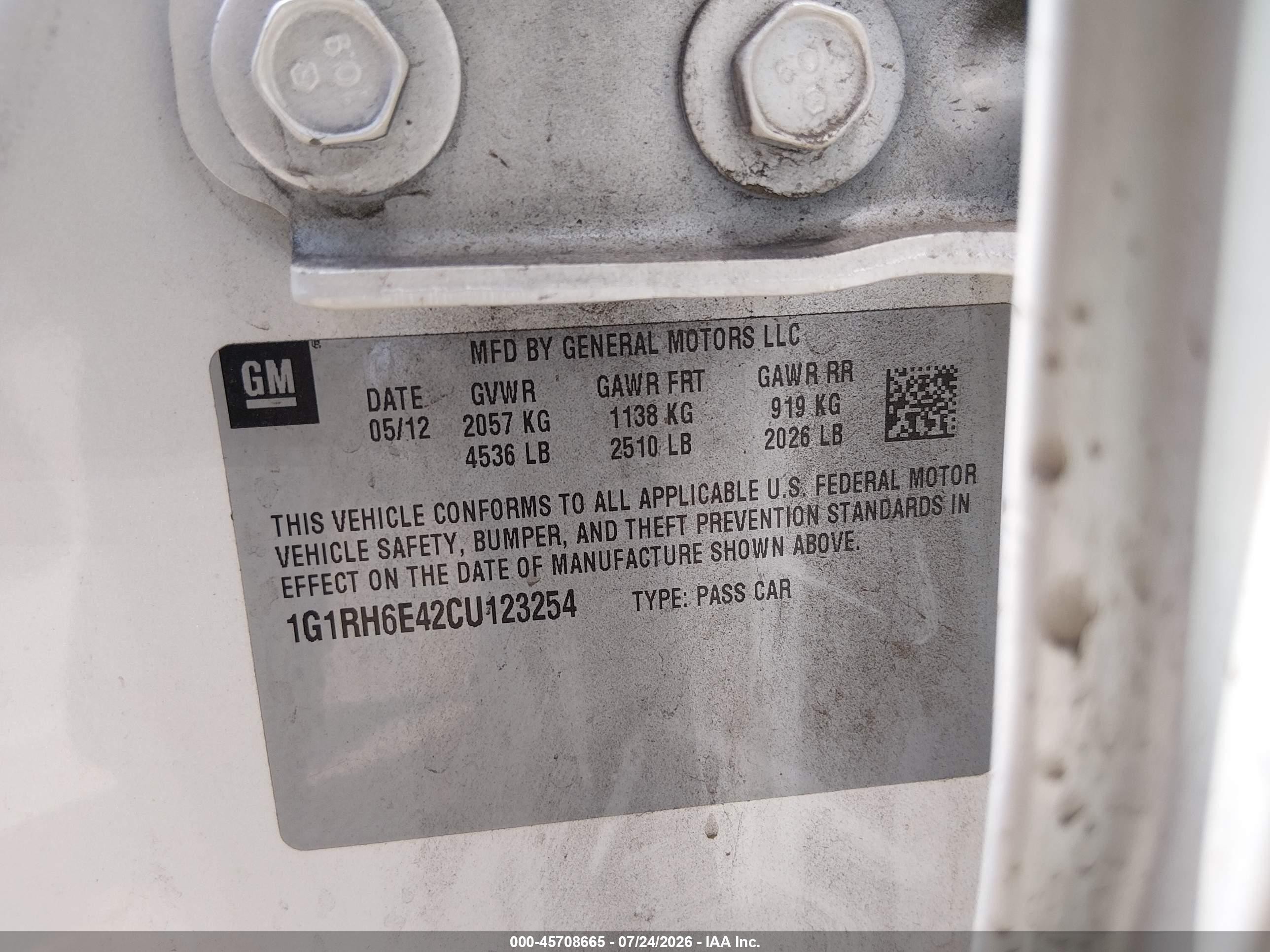 2012 Chevrolet Volt   White vin: 1G1RH6E42CU123254