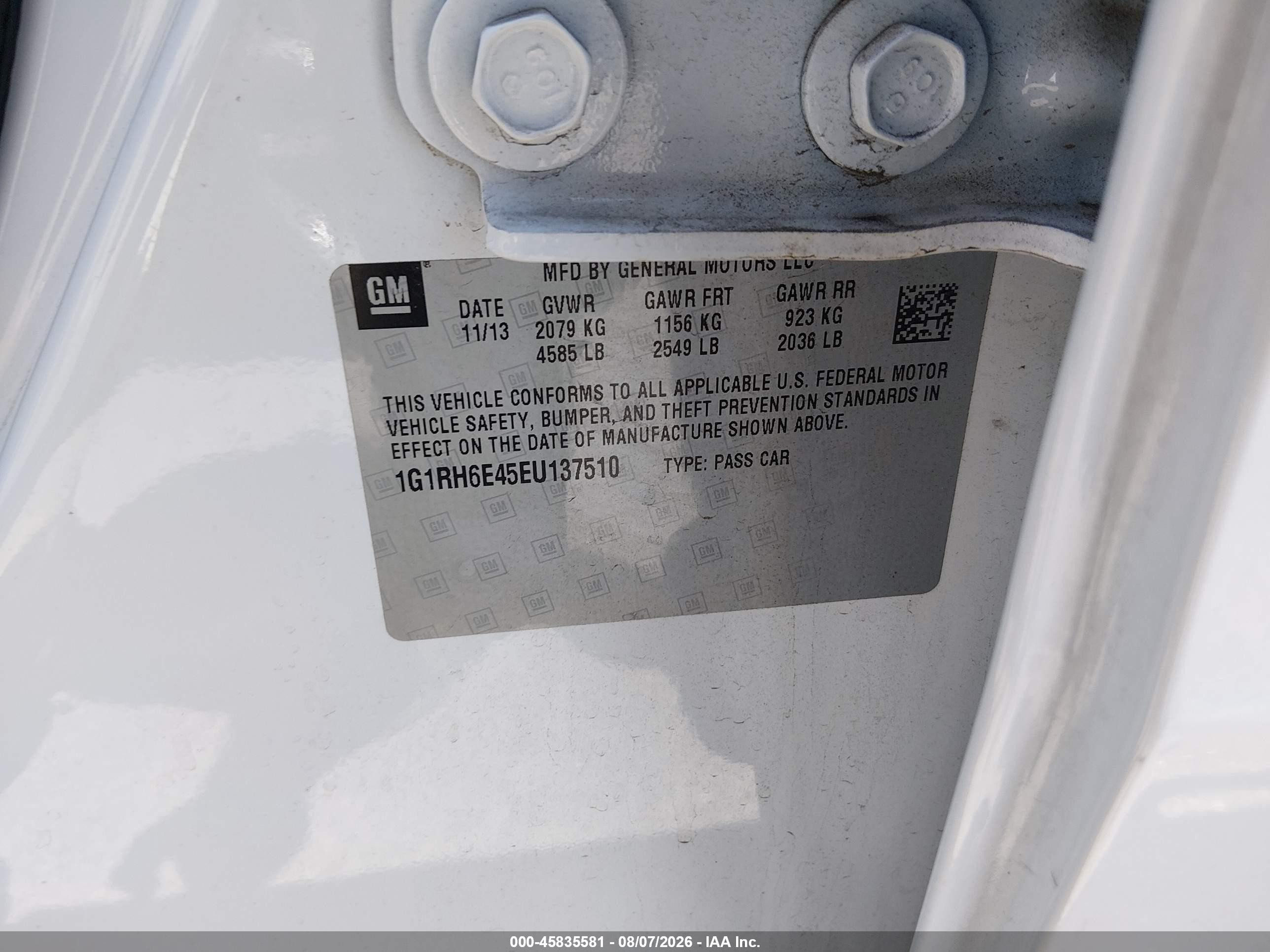 2014 Chevrolet Volt White vin: 1G1RH6E45EU137510