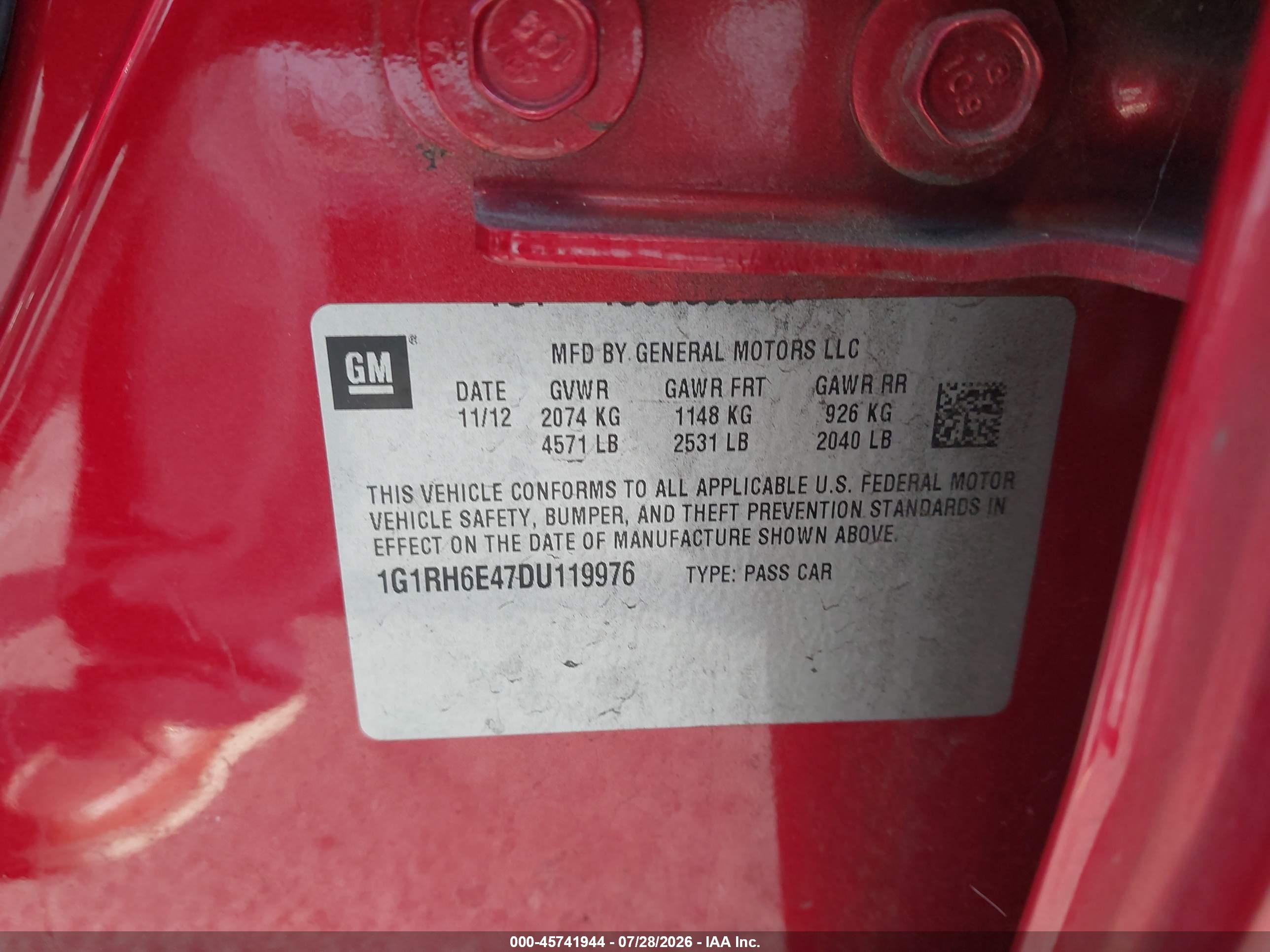 2013 Chevrolet Volt Красный vin: 1G1RH6E47DU119976