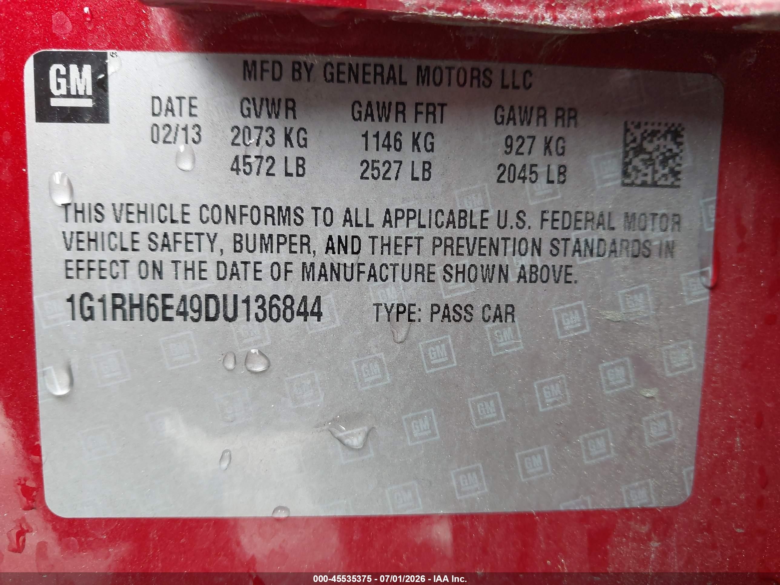 2013 Chevrolet Volt   Red vin: 1G1RH6E49DU136844