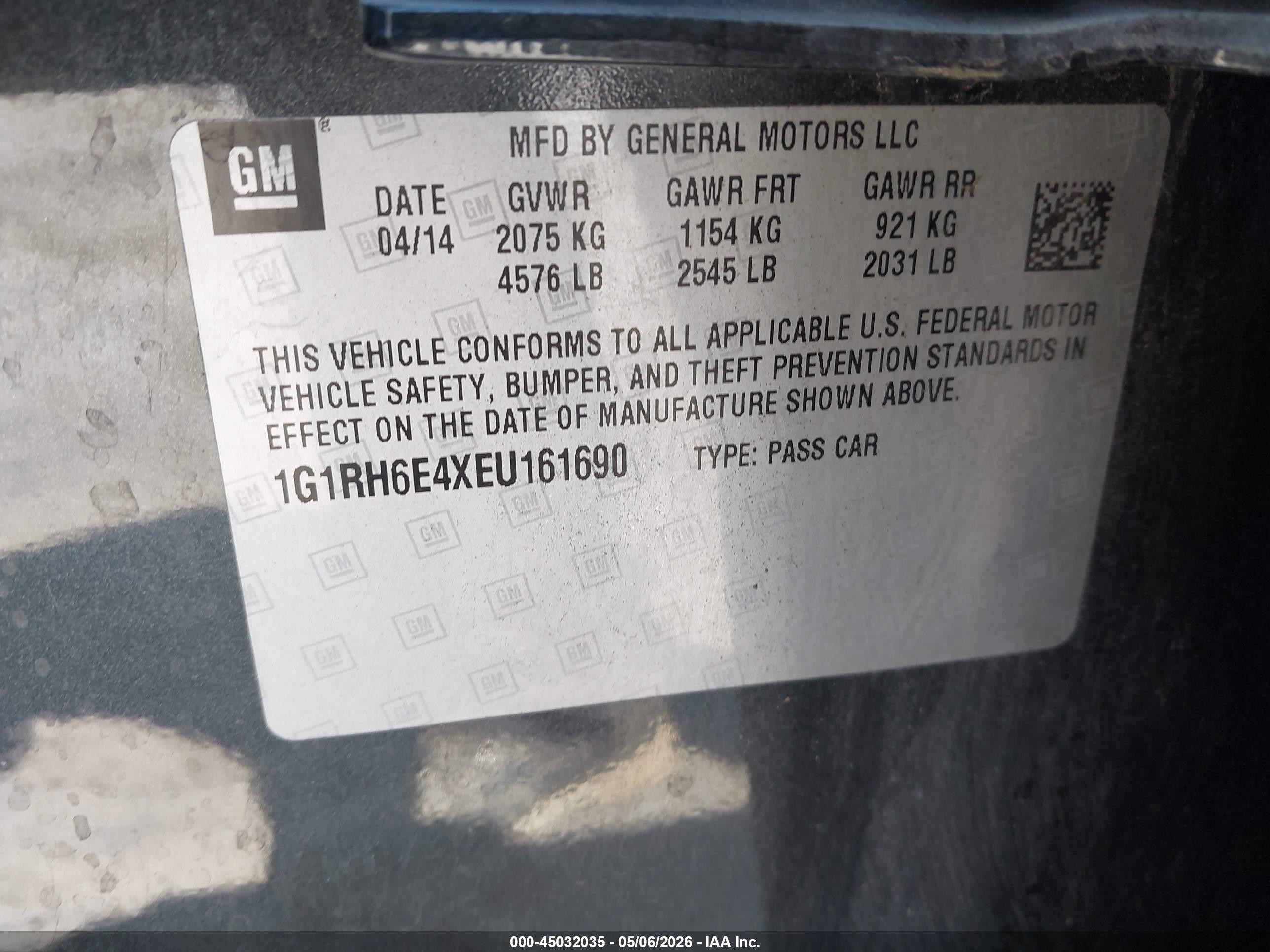2014 Chevrolet Volt   Gray vin: 1G1RH6E4XEU161690