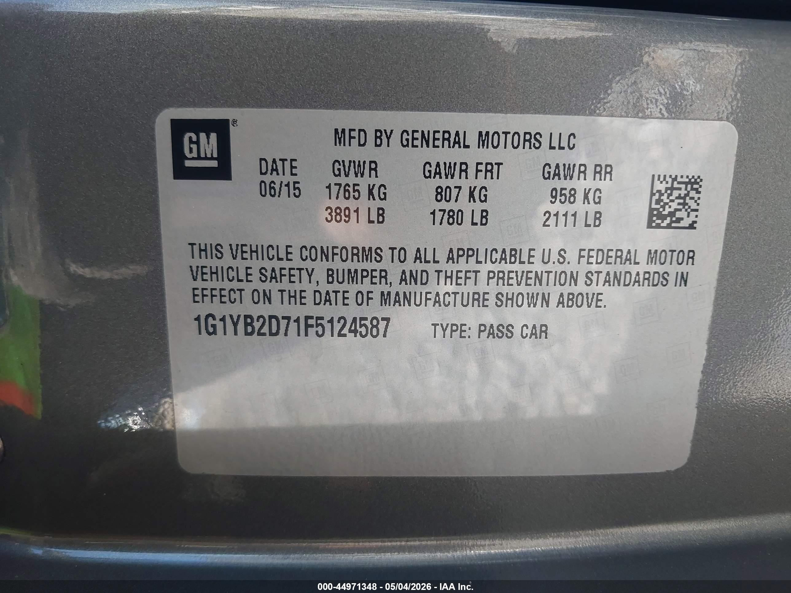 2015 Chevrolet Corvette Stingray Gray vin: 1G1YB2D71F5124587
