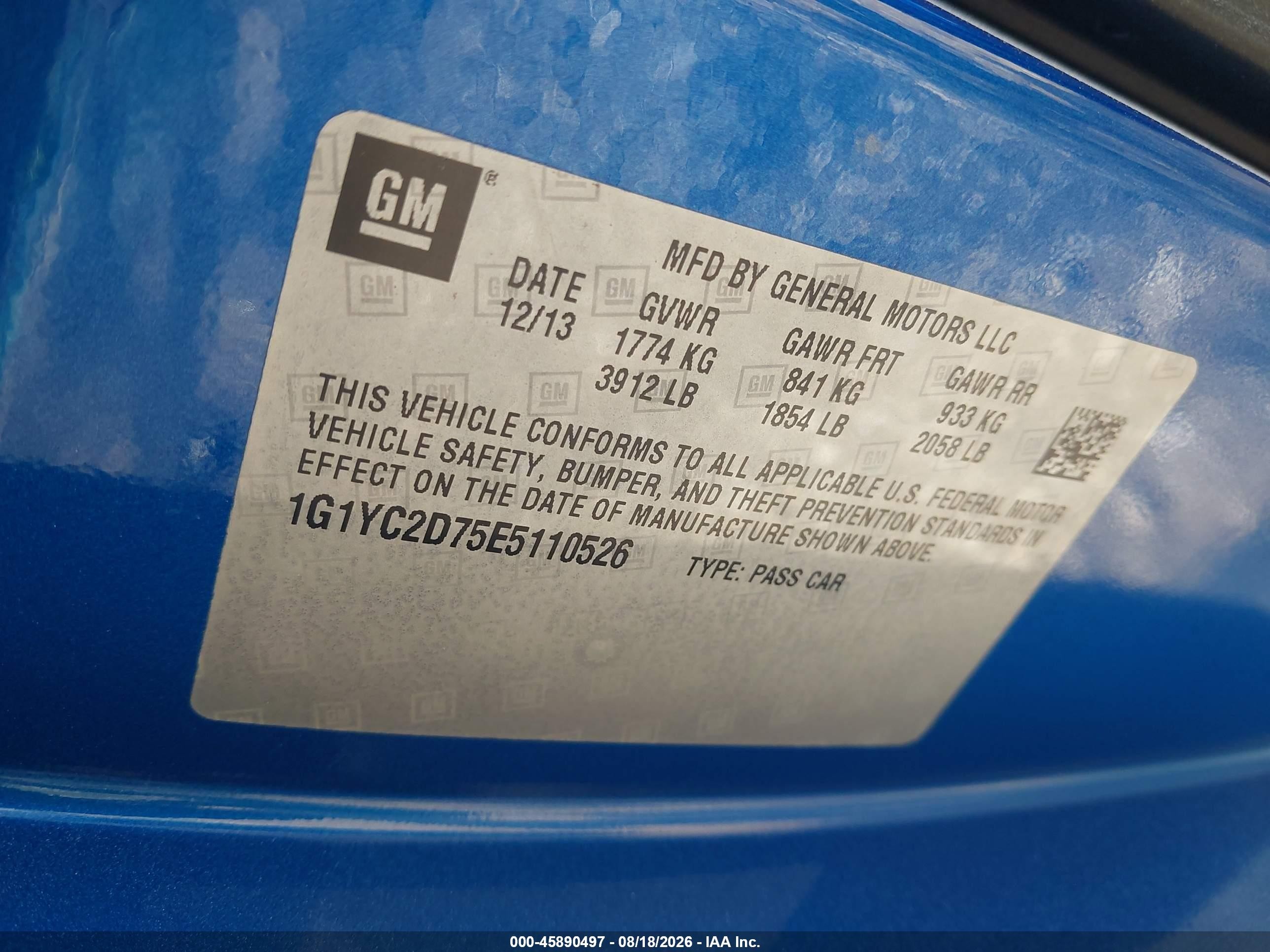 2014 Chevrolet Corvette Stingray   Blue vin: 1G1YC2D75E5110526