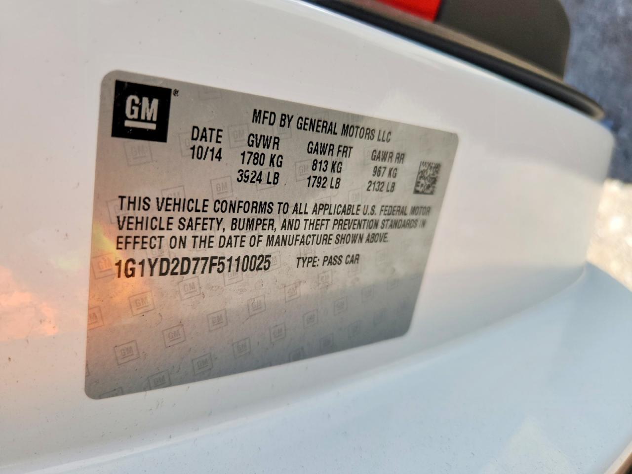 2015 Chevrolet Corvette Stingray 2lt White vin: 1G1YD2D77F5110025