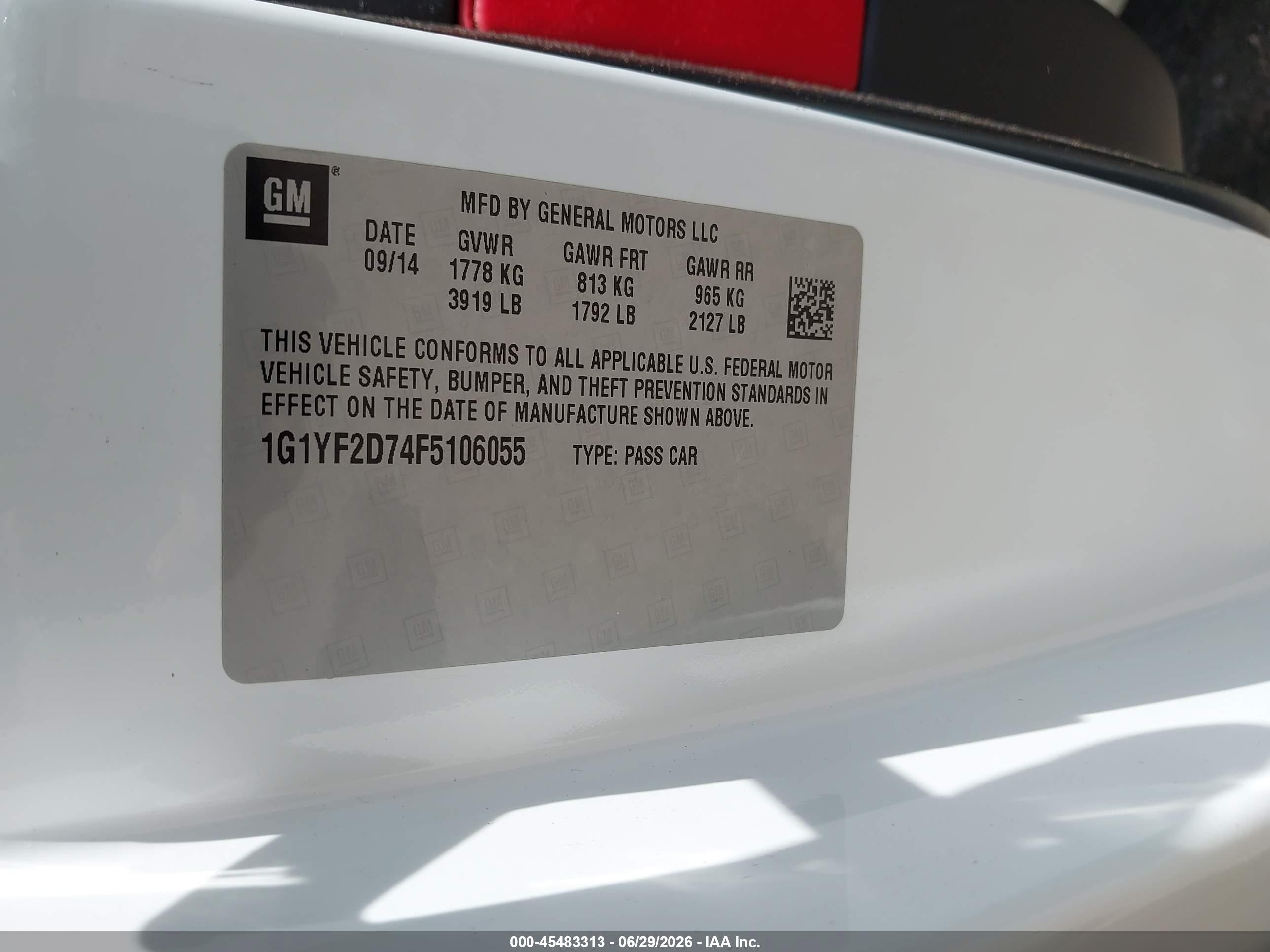 2015 Chevrolet Corvette Stingray White vin: 1G1YF2D74F5106055