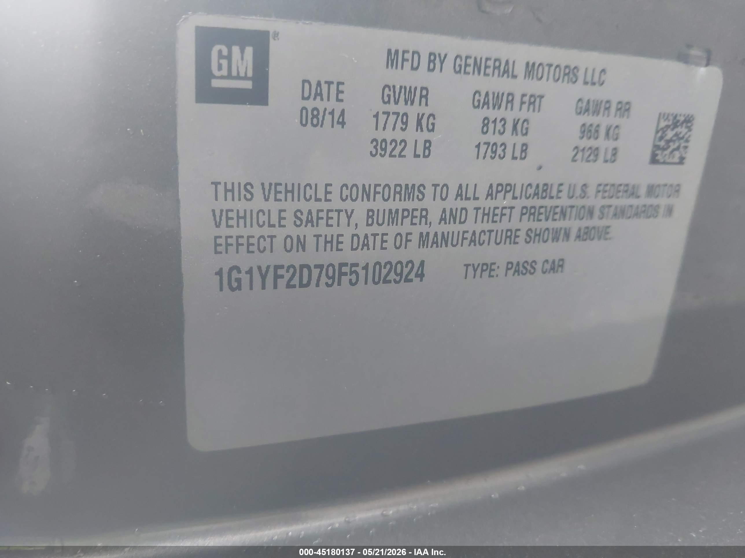 2015 Chevrolet Corvette Stingray Gray vin: 1G1YF2D79F5102924