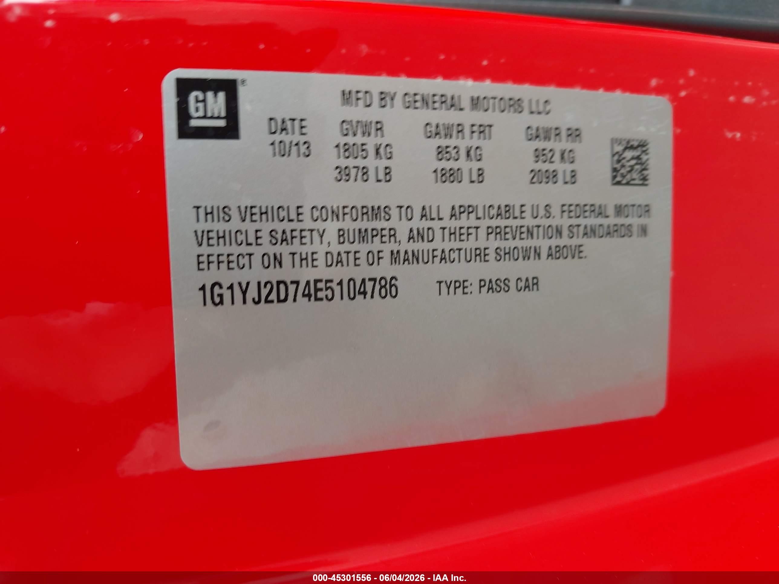 2014 Chevrolet Corvette Stingray Z51 Red vin: 1G1YJ2D74E5104786