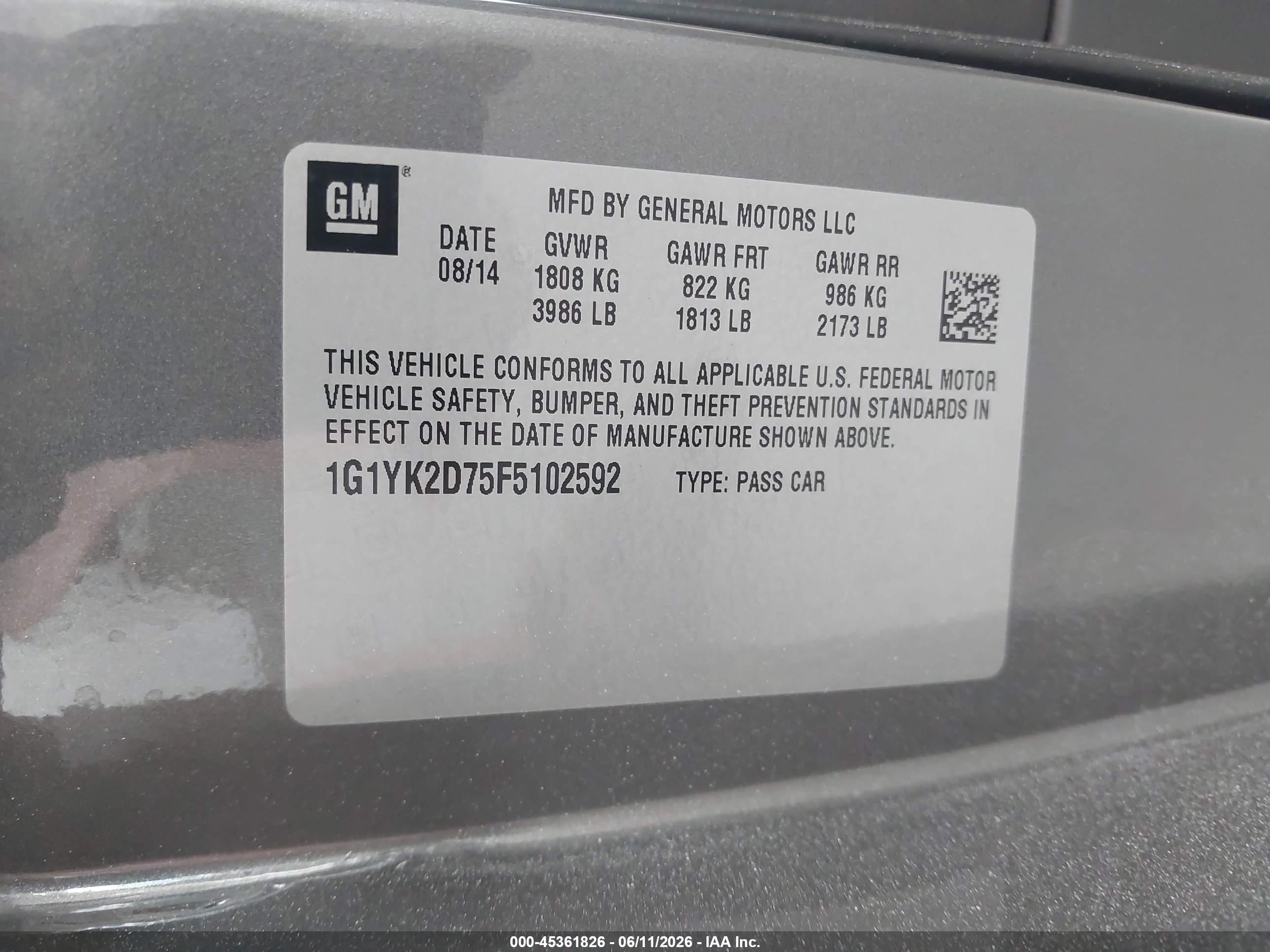 2015 Chevrolet Corvette Stingray Z51 Gray vin: 1G1YK2D75F5102592