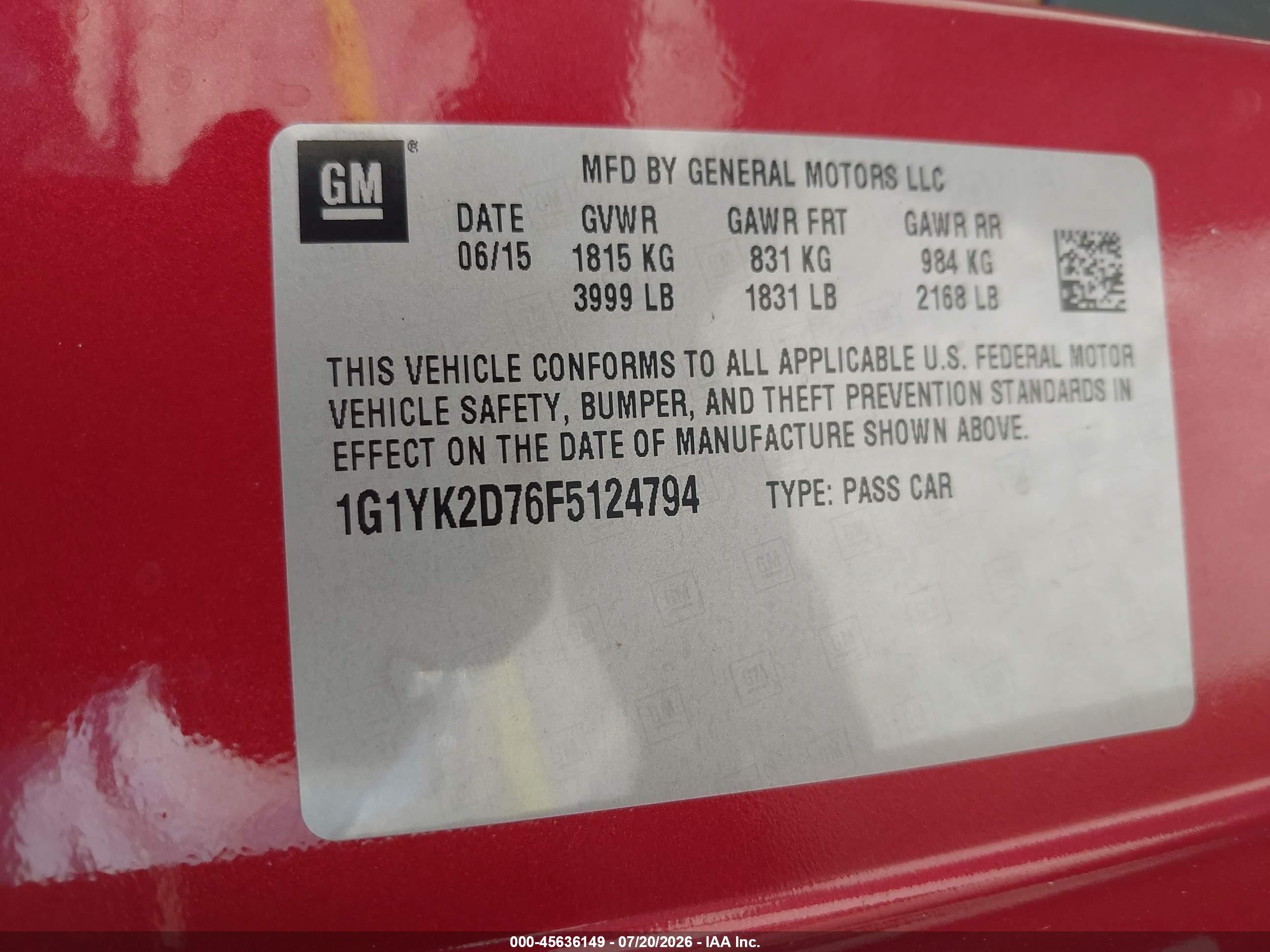 2015 Chevrolet Corvette Stingray Z51 Red vin: 1G1YK2D76F5124794