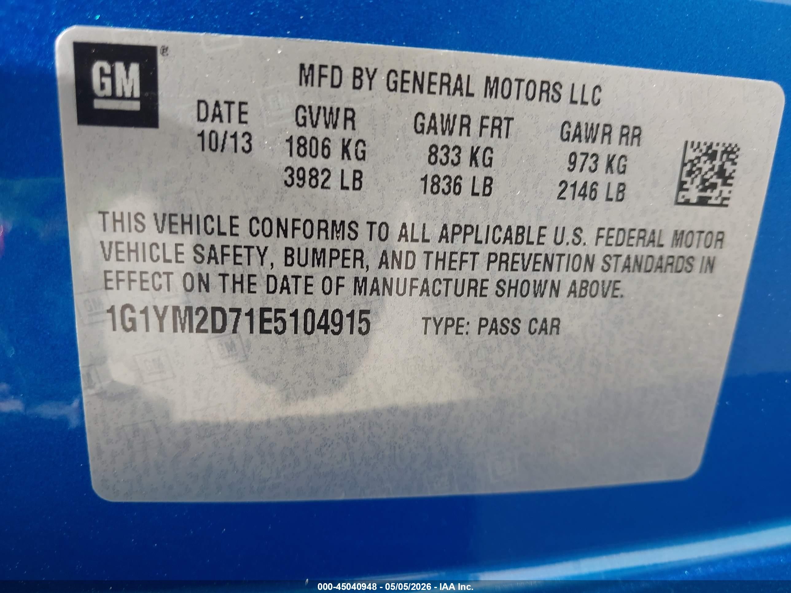 2014 Chevrolet Corvette Stingray Z51 Blue vin: 1G1YM2D71E5104915
