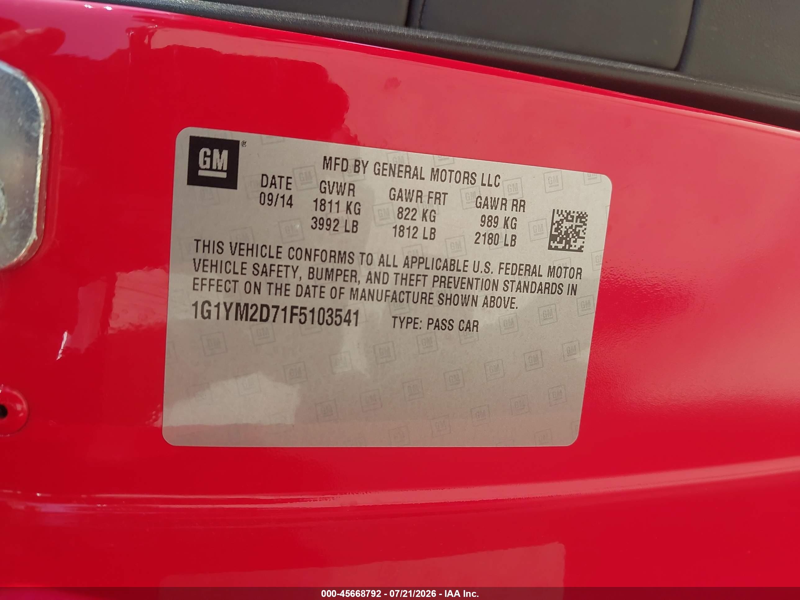 2015 Chevrolet Corvette Stingray Z51 Red vin: 1G1YM2D71F5103541